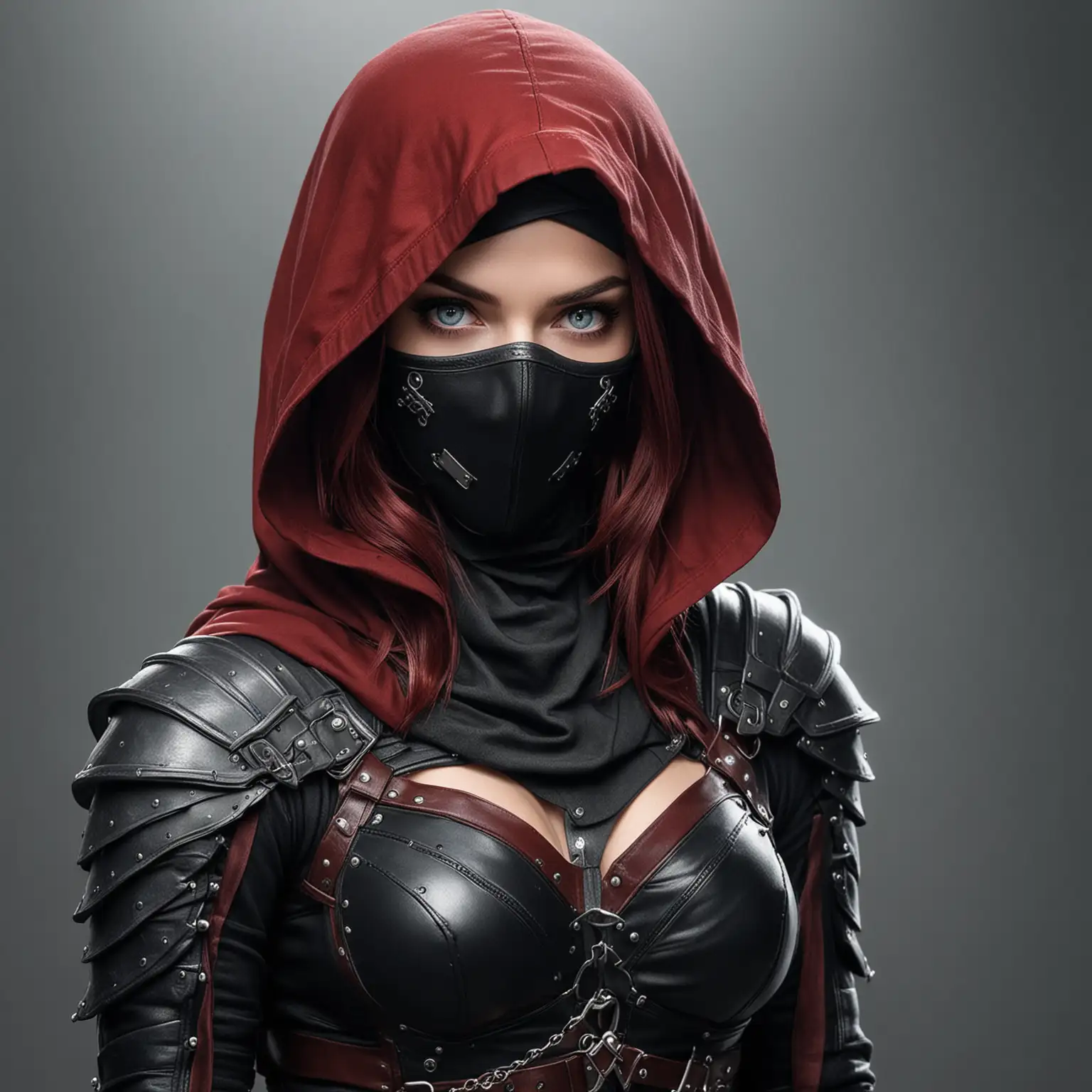 Enigmatic Female Rogue in Dark Red and Black Leather Armor with Veil Mask