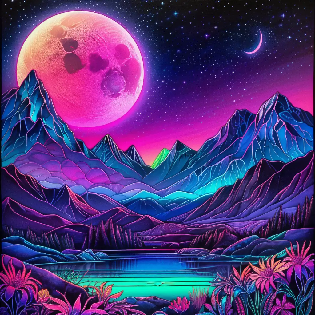 Vibrant Neon Galaxy Art with Mountains and Moon