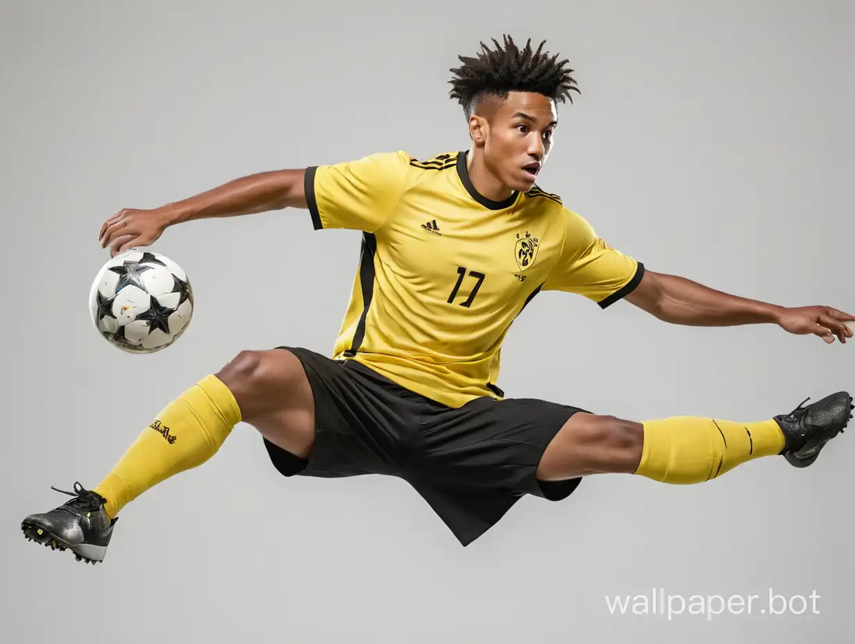 Dynamic-Soccer-Player-in-YellowBlack-Uniform-Scoring-a-Goal-on-White-Background