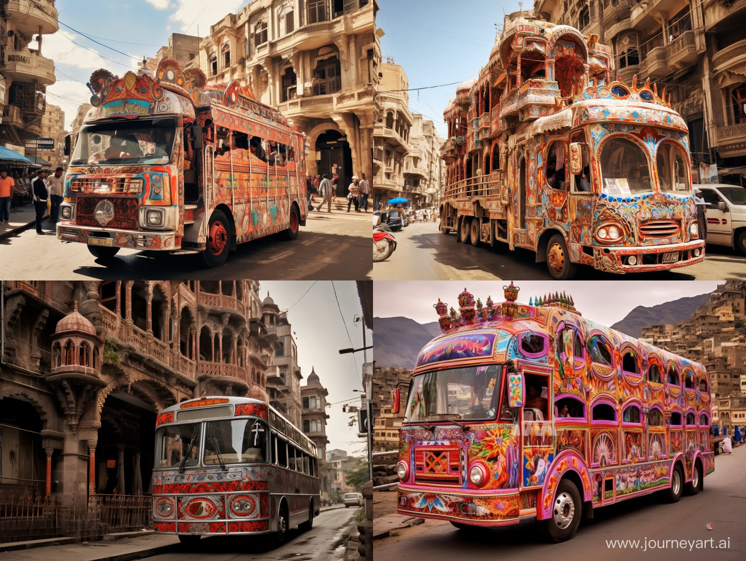 حافلة نقل سياحية في شوارع عاصمة اليمن صنعاء 
