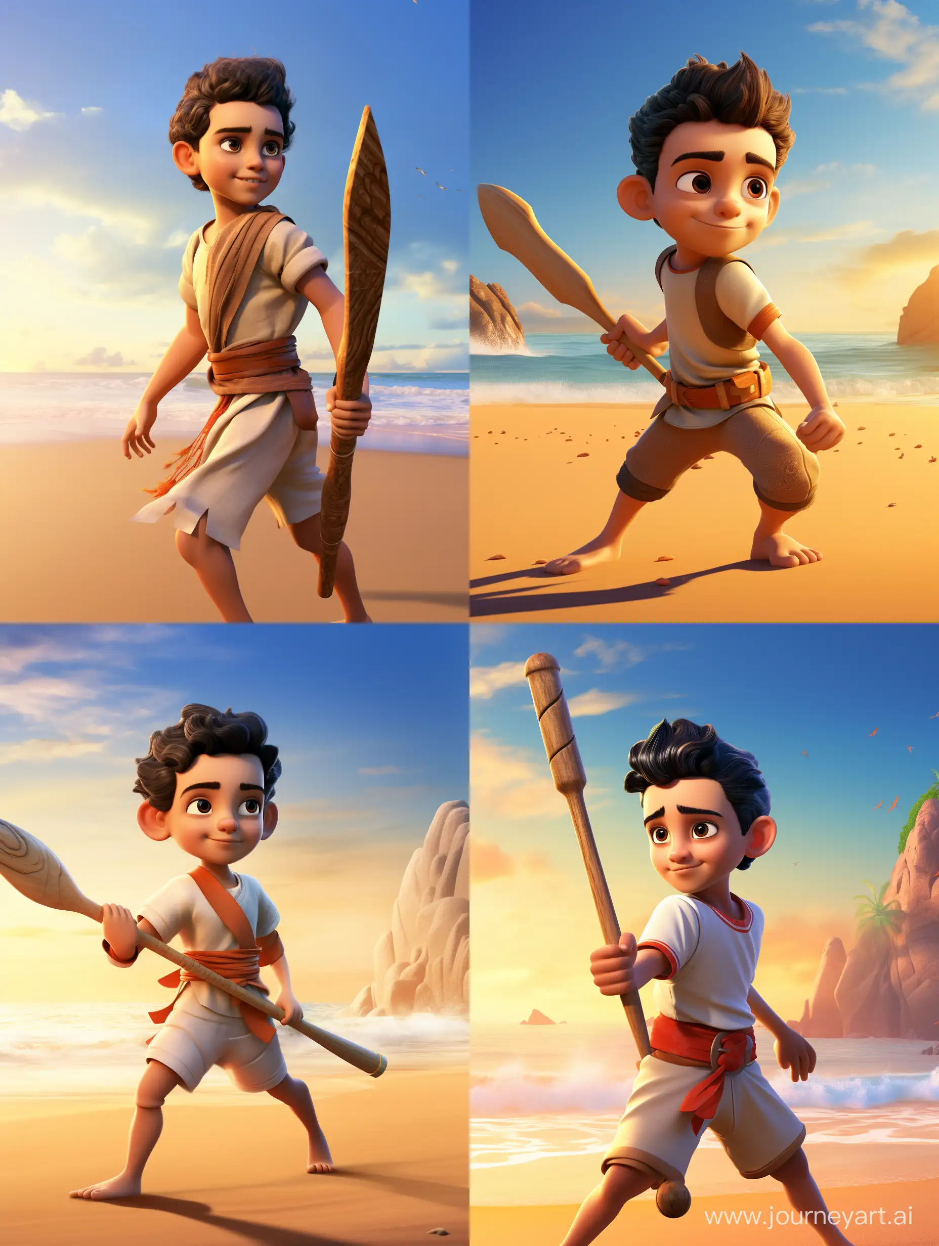Chota bheem playing cricket in beach 8k, realistic, hyperdetailed, detailed figures, detailed face, epic realism, 4k, high quality
