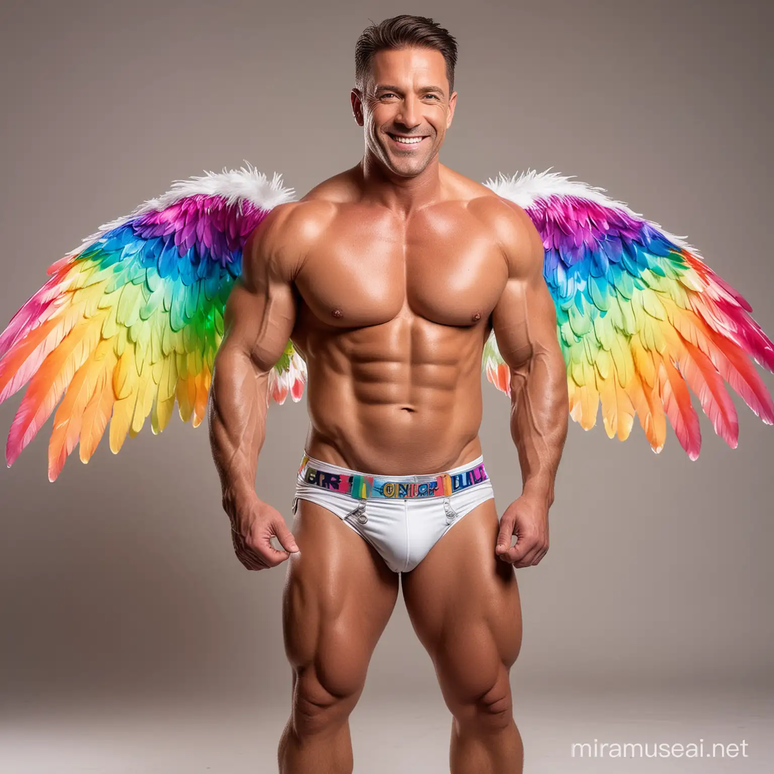 Studio Light Full Body to feet Topless 40s Ultra Chunky IFBB Bodybuilder Daddy with Great Smile wearing Multi-Highlighter Bright Rainbow with white Coloured See Through Eagle Wings Shoulder LED Jacket Short shorts left arm up Flexing