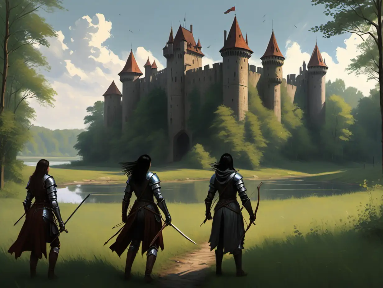 The main scene is an edge of the forest that opens to a meadow. The meadow goes to a river. All of the opposite river bank is taken by a large mediaeval castle, with tall strong walls and guard towers, spanning the entire background from side to side.
A four person adventuring group is standing at the forest edge, looking at the castle. They are shown from behind. The first person is a female with long dark hair, carries a longbow and wears leather armour. The second is also a female and is dressed in a fine robe. Person 3 wears hides and carries a zweihander. Person 4 wears metal armour and carries a steel longsword and a shield. Only these four persons are present.
The scene is set in the early hours of the morning, under a clear sky.
–style impressionist oil painting
–no spears