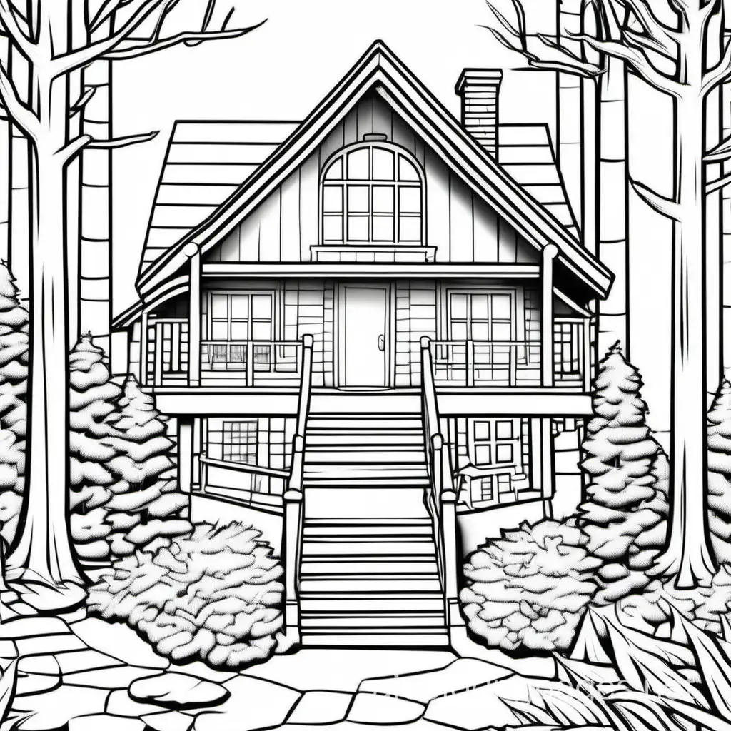 Forest Retreat House Black Outline Art Photorealistic Sketch in Cartoon ...