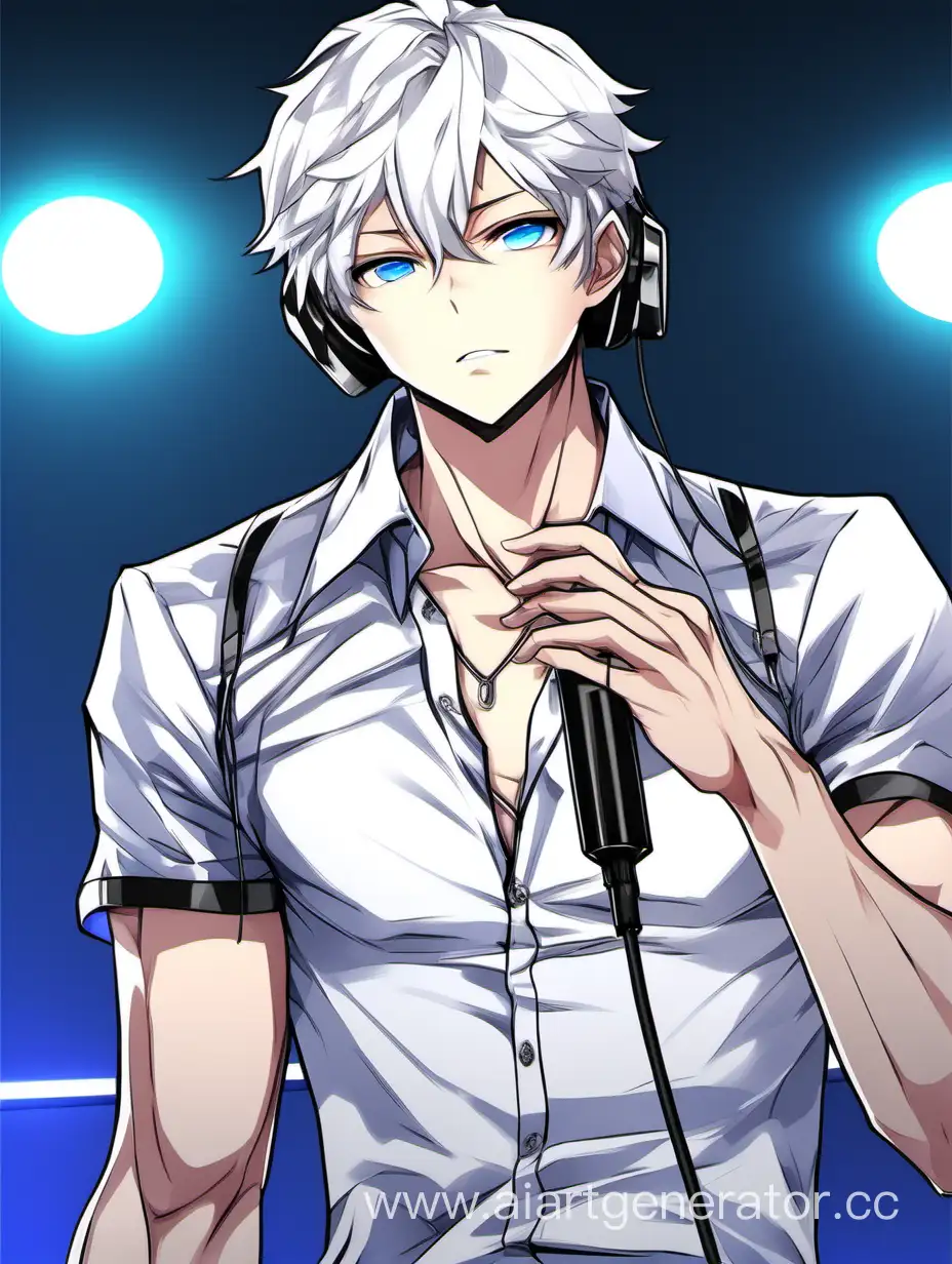 a man in a idol outfit holding a microphone, [ adamantly defined abs ]!!, [ rigidly defined abs ]!!,  tinyest midriff ever, open v chest clothes,black hair,teenage,student 17 year old,idol face,headphone,webtoon ,male anime characters,black-white hair ,blue eyes