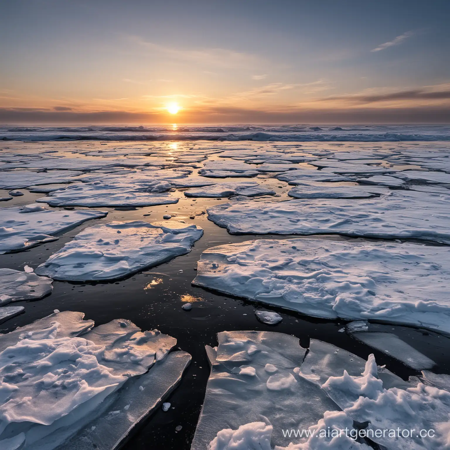 Tranquil-Winter-Ocean-Scene-with-Ice-Floes-at-Sunset