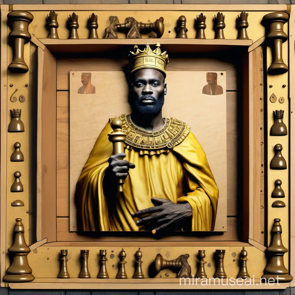 Create an image of Mansa Musa, the wealthy 14th-century ruler of the Mali Empire, depicted as a chess piece on an actual chest board. 