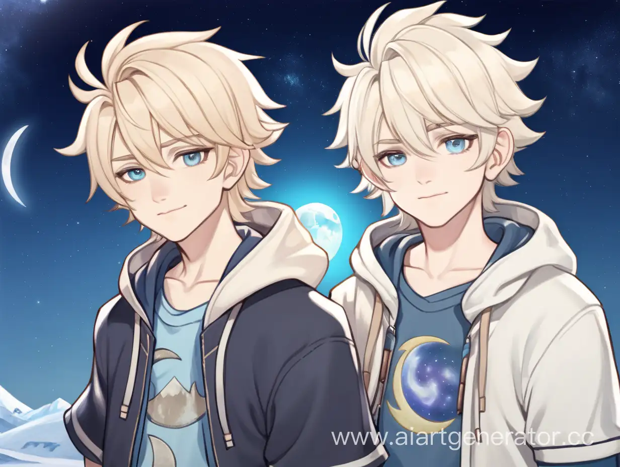 2 boys with ash-blond hair, twin brothers, moonstone humanization , polar characters, contrast of day and night, cute clothes