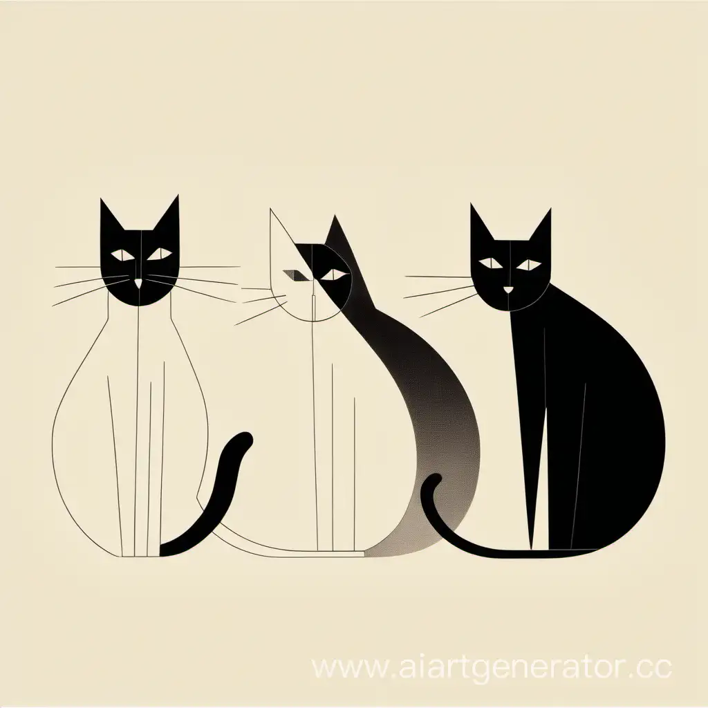 Три разных играющих кота минимализм примитив растровый рисунок абстрактно упрощённо конструктивизм лучизм супрематизм