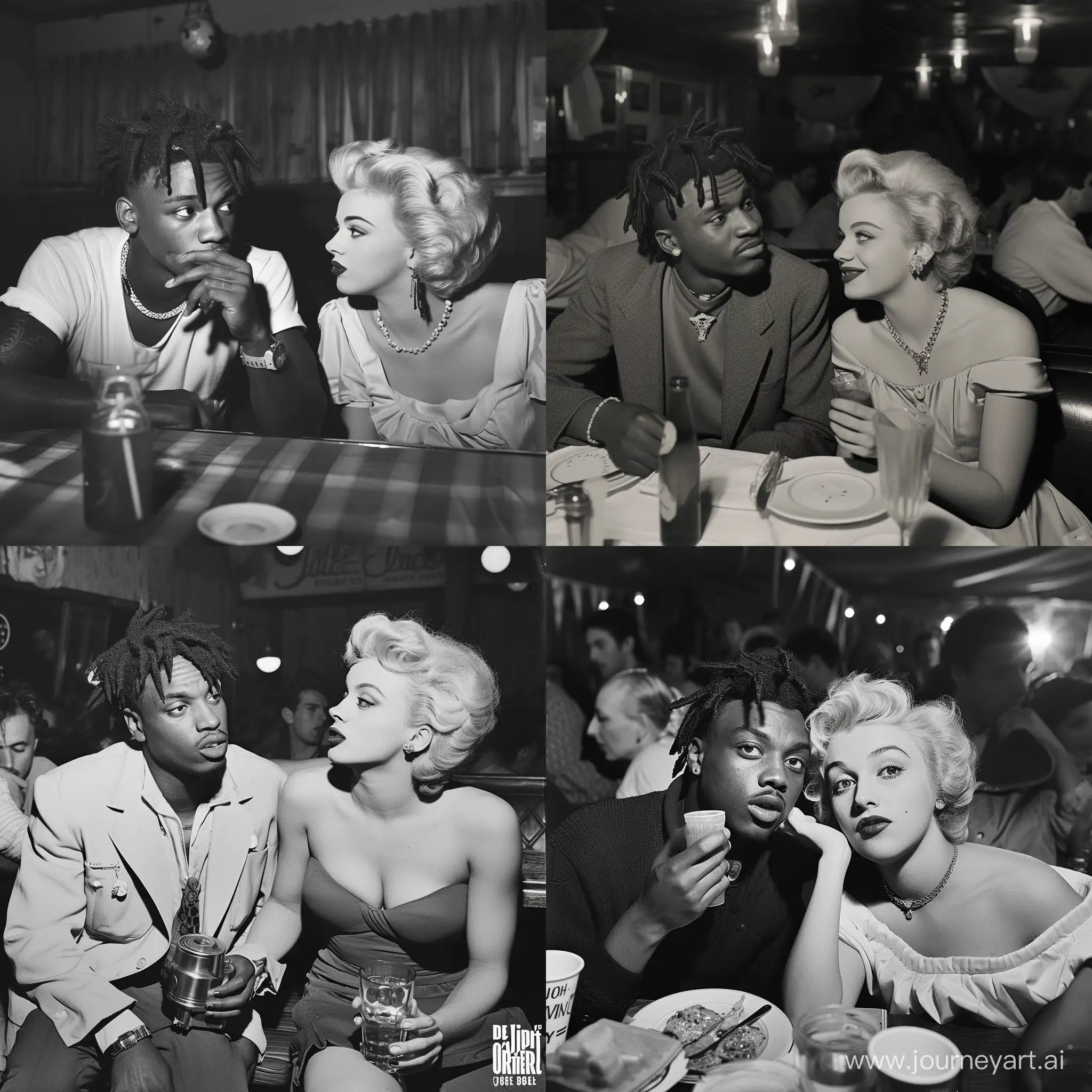 A 1950s Black and White photograph of juice WRLD on a date with Marilyn Monroe.