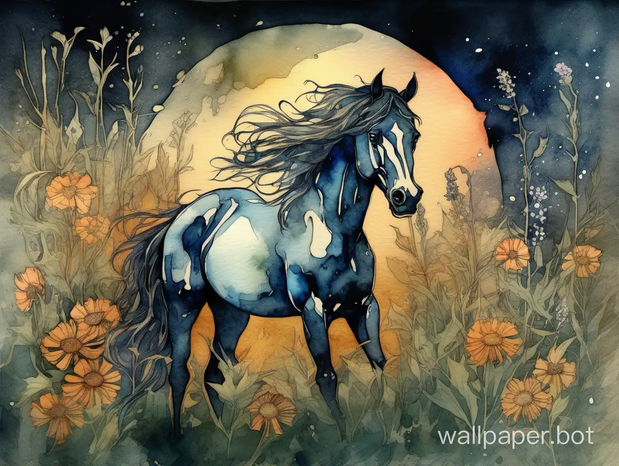horse, night street, wild flowers, watercolor dripping painting, alphonse mucha, Rhiperdetailed brush, textured paper, hipercolored, highcontrast,