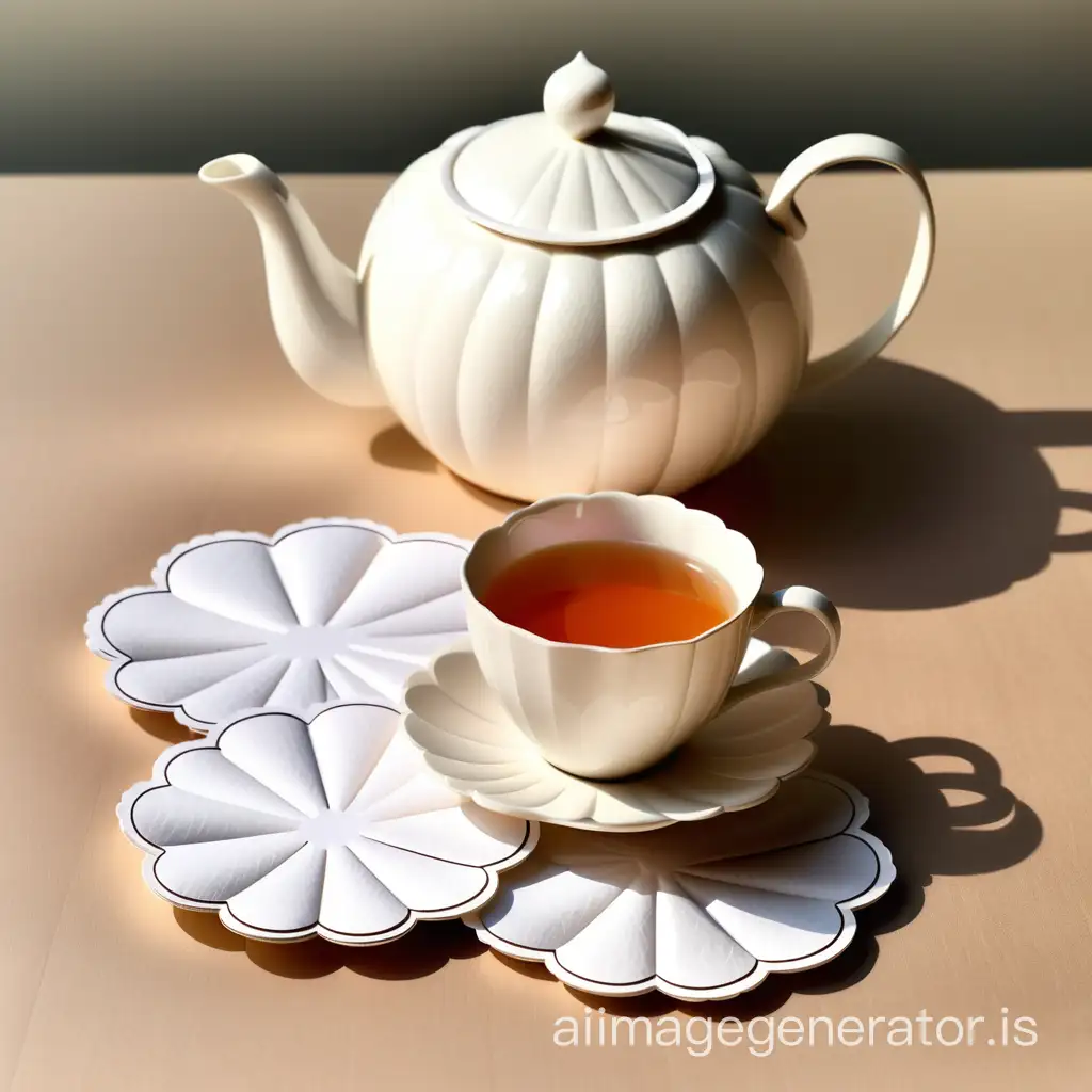 several ply disposable tissue paper coaster 8 cm with scalloped edge with a white teapot next to a cup of tea