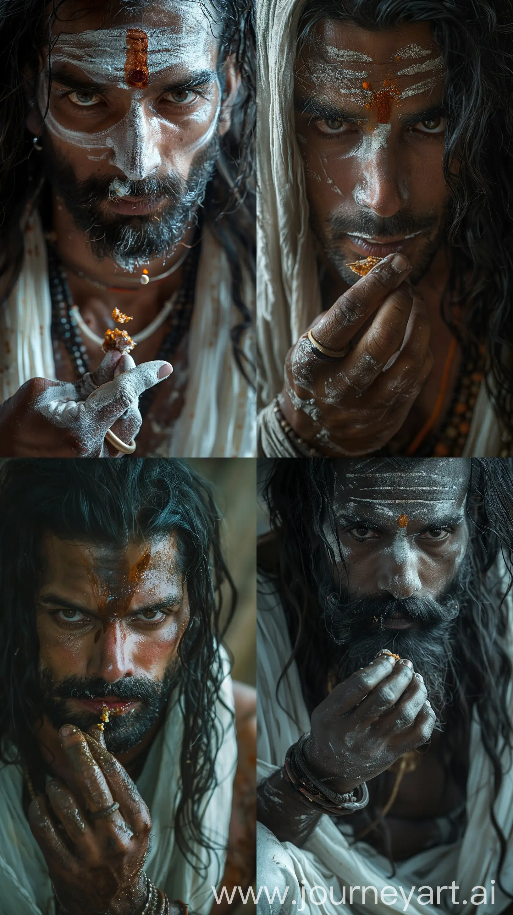Ancient-Indian-Man-in-White-Attire-Taking-a-Bite-Detailed-CloseUp-Portrait