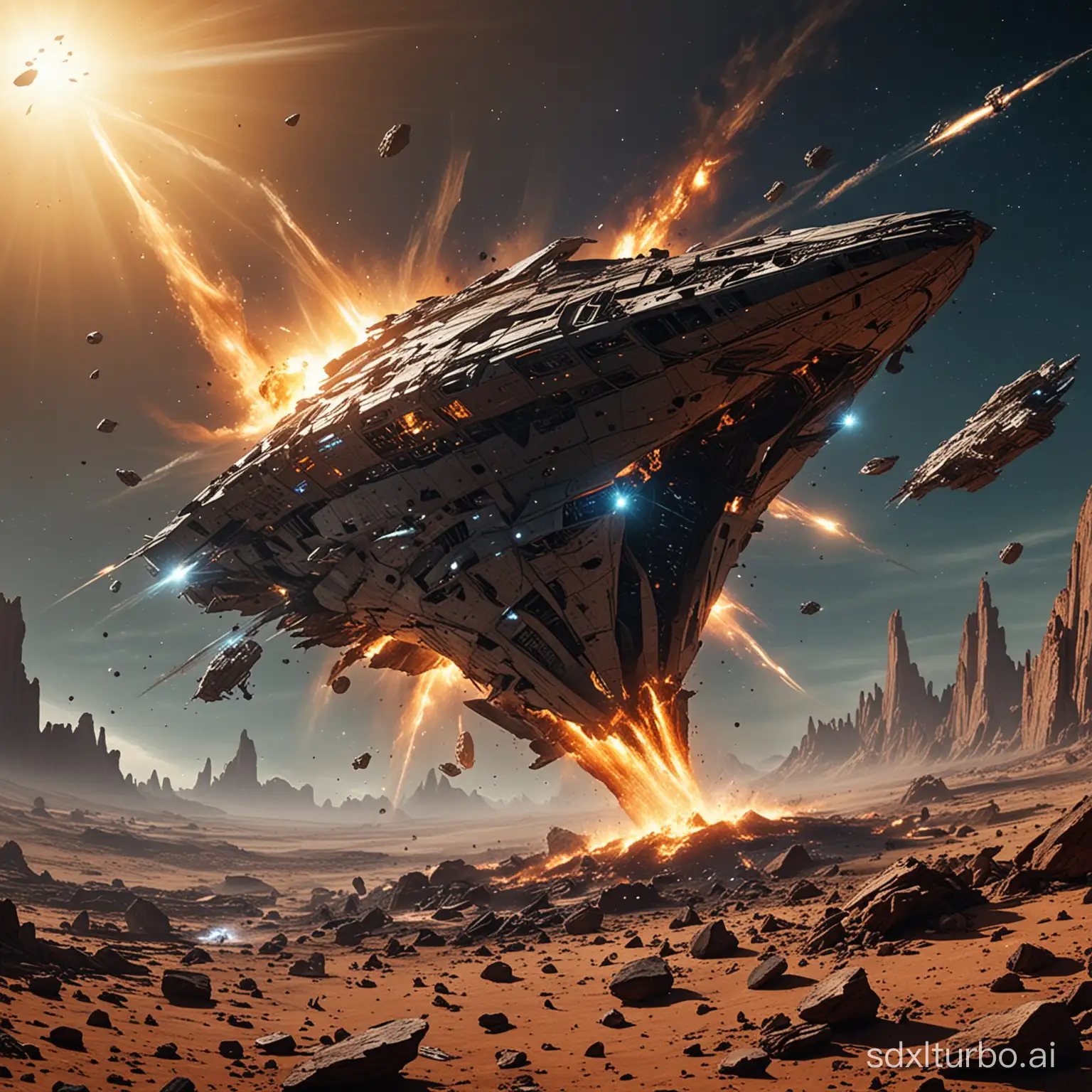 ancient alien starship debris multiple wreck parts massive destruction accident impact in sun orbit melting