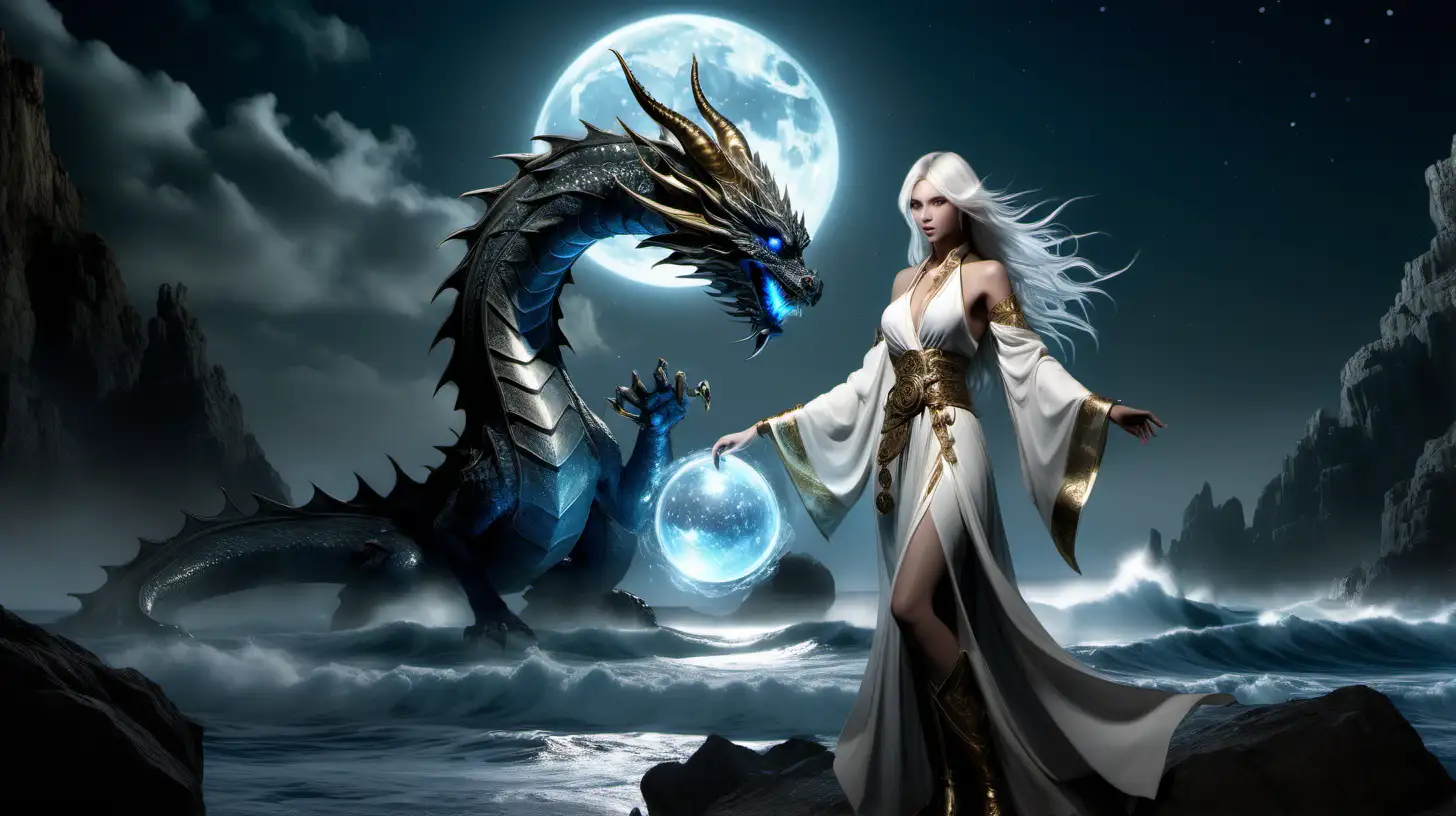 Subject: A Black Desert Online Mystic in her iconic white and gold flowing robes, standing confidently on a rocky outcrop overlooking a vast, moonlit ocean. Her long, silver hair whips in the wind as she gazes directly at the camera, a hint of a smile playing on her lips.  Foreground: The Mystic's staff rests lightly in her hand, its crystal orb glowing faintly with magical energy. A few wisps of mist curl around her feet, blending seamlessly with the swirling currents of water emanating from behind her.  Background: The majestic form of the Mystic's blue water dragon emerges from the ocean depths, its serpentine body gleaming with bioluminescent scales. Its head towers over the Mystic, its piercing blue eyes mirroring her gaze as it fixes the camera with an air of ancient wisdom. The dragon's body is partially submerged in the ocean, creating a mesmerizing play of light and shadow as moonlight dances on the rippling waves.  Lighting: The scene is bathed in a soft, ethereal glow, with the moonlight acting as the primary source of illumination. The dragon's bioluminescence adds subtle accents to the Mystic's figure and the surrounding rocks, while the ocean reflects the moonlight in a myriad of shimmering diamonds.  Mood: The overall mood should be one of breathtaking beauty, power, and otherworldly mystique. The image should capture the unique bond between the Mystic and her water dragon, as well as the sense of awe and wonder that permeates the world of Black Desert Online.