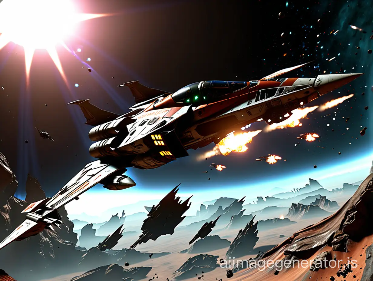 A ultra-detailed starfighter like in Star Citizen, low flight on a strange planet, in a fight, lots of lightings, explosions, debris, sunrise, hochdetailliert, geschärft, satte farben, hoher kontrast, dslr, super-resolution, tiefenschärfe, unschärfe-effekt, iso 400, belichtung 1/125, blende f/2,8, gesättigte farben, raytracing-reflexion, raytracig shader, 8k, cinematic, high definition, color-grading, dramatic-studio-lighing, dynamic lighting