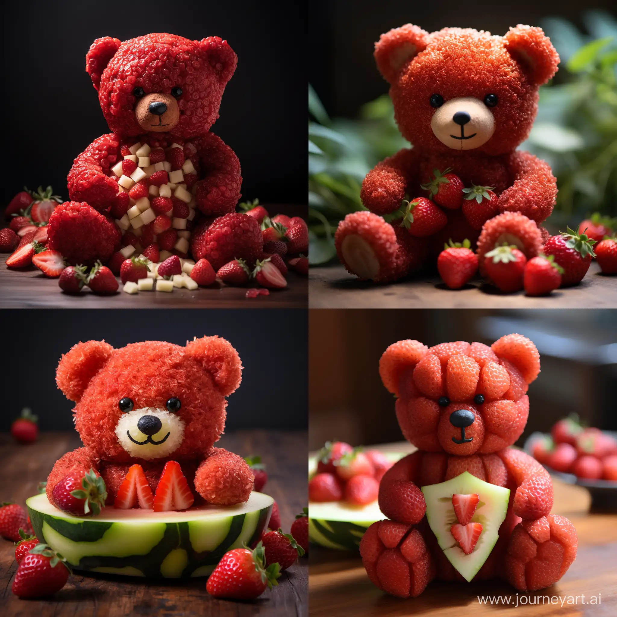 A photo of teddy bear made of strawberries