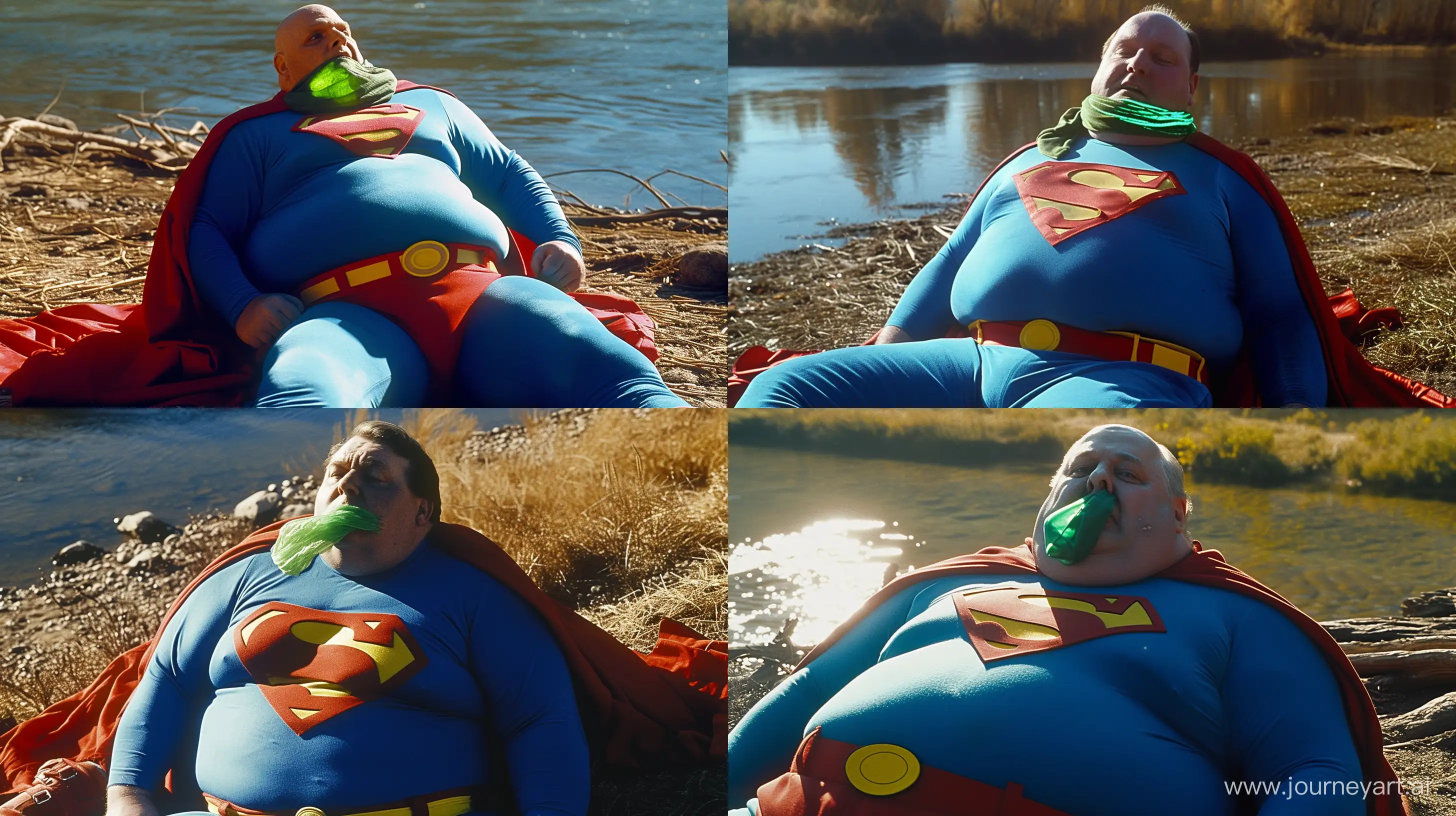 Close-up photo of a fat man aged 60 wearing a tight blue 1978 smooth superman costume with a red cape. Tight green glowing green cloth wrapped around his mouth. Lying in the sun. Blue shirt. Blue pants. Red boots. Red Trunks. Yellow Belt. Natural Light. River. --style raw --ar 16:9