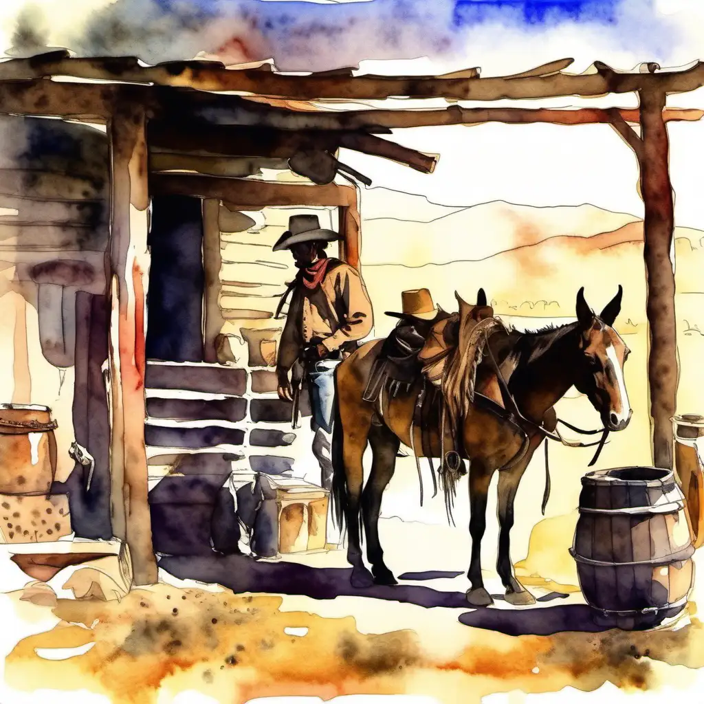 Pack mule waiting at a post for out-of-frame cowboy. Southwestern ambience. 1800's timeframe. The day is sunny and at dusk. Watercolor style. 