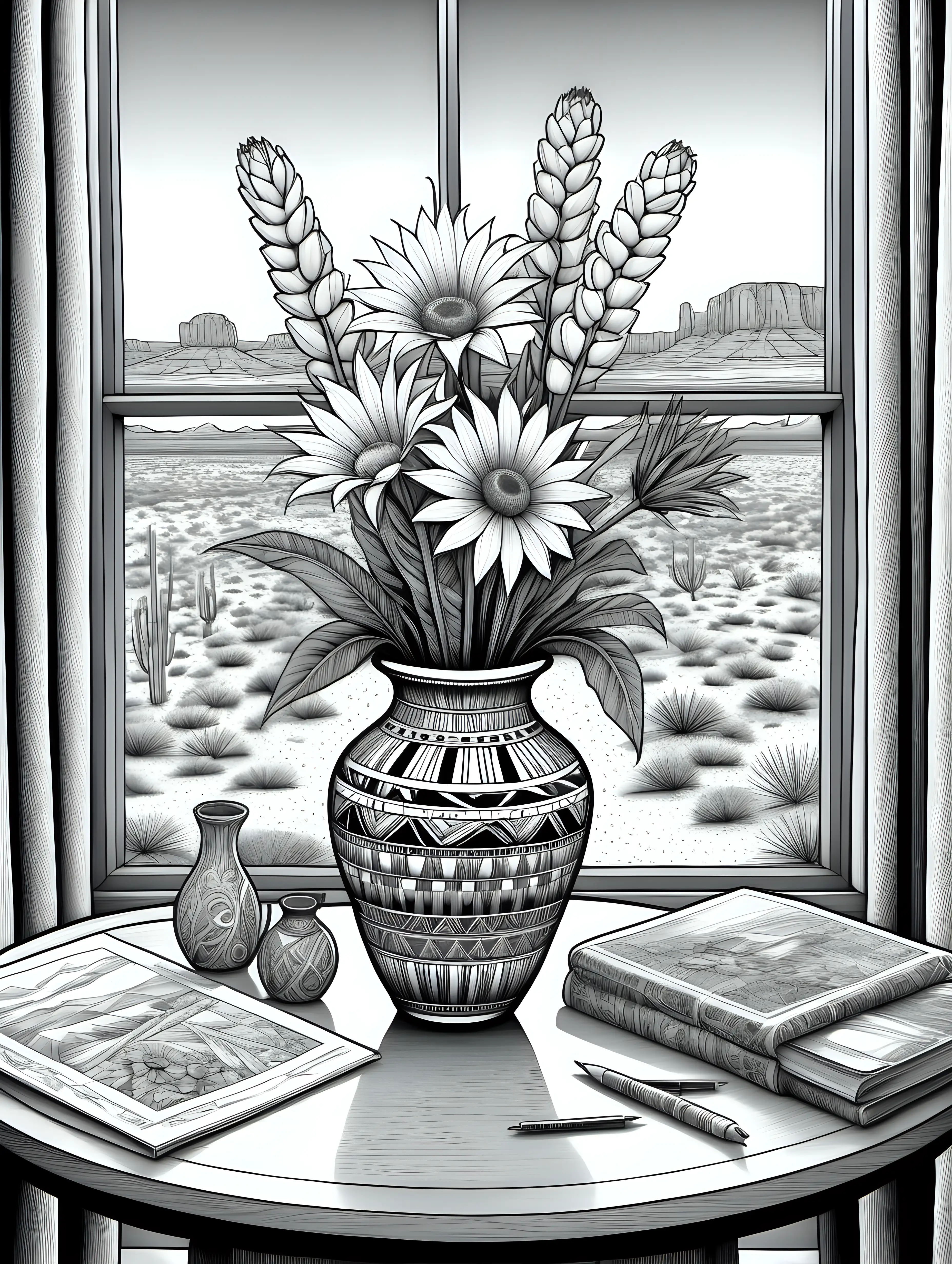 black and white, adult coloring book style drawing, highly detailed, white background, focus on large flower arrangement with native arizona flowers in a typical native american vase sitting on a table in front of a window, scene includes a detailed arizona desert scene in the distance, items on table