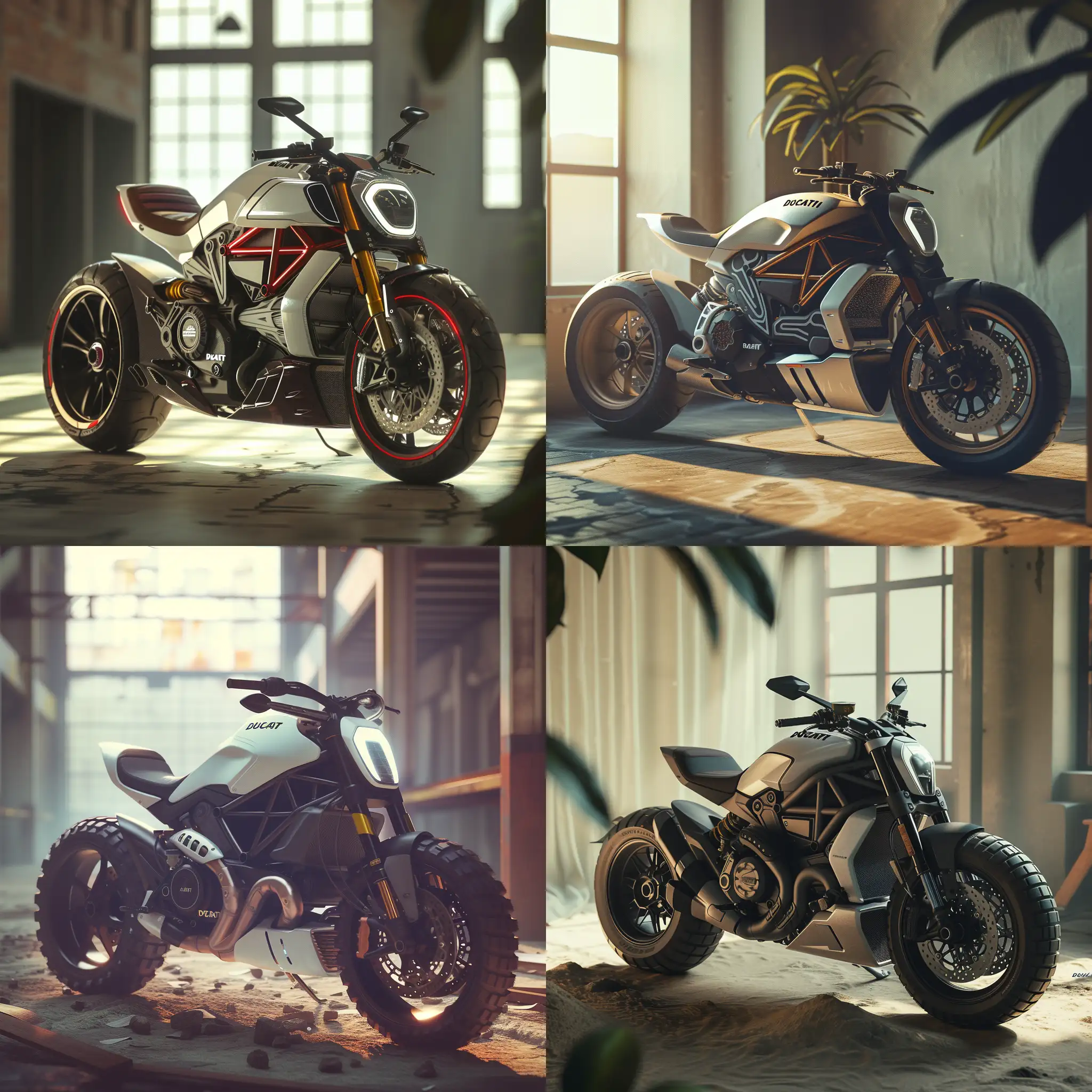 futuristic Ducati motorcycle all terrain vehicle  from the future inside concerete room building, simple design, photo shot, extremely detailed, masterpice, artstation, afternoon light.