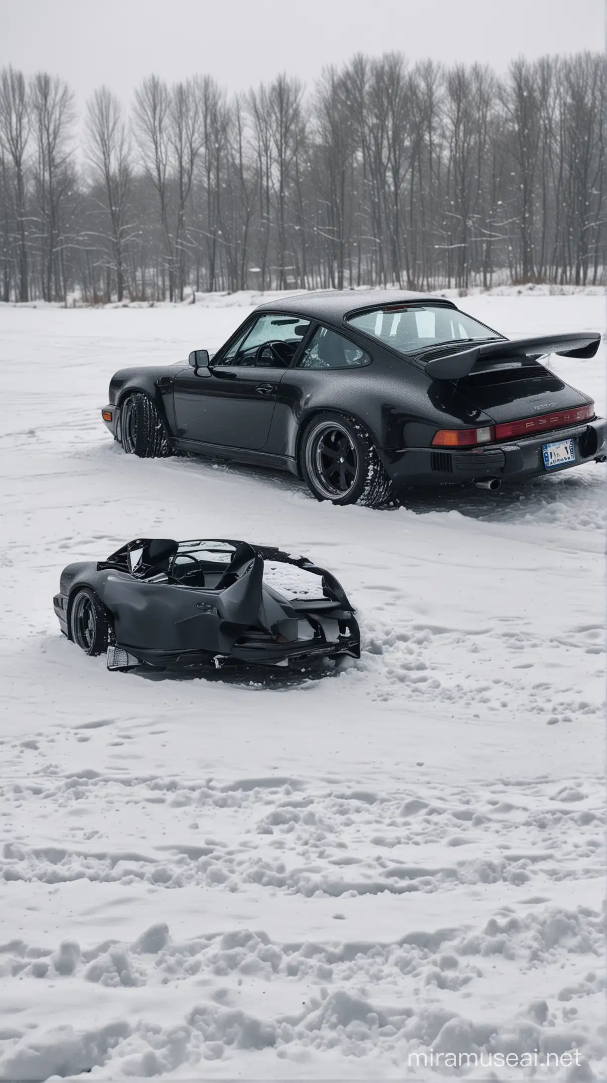 give me different angles of a black Porsche 964 in the snow with black rims and a small wing
