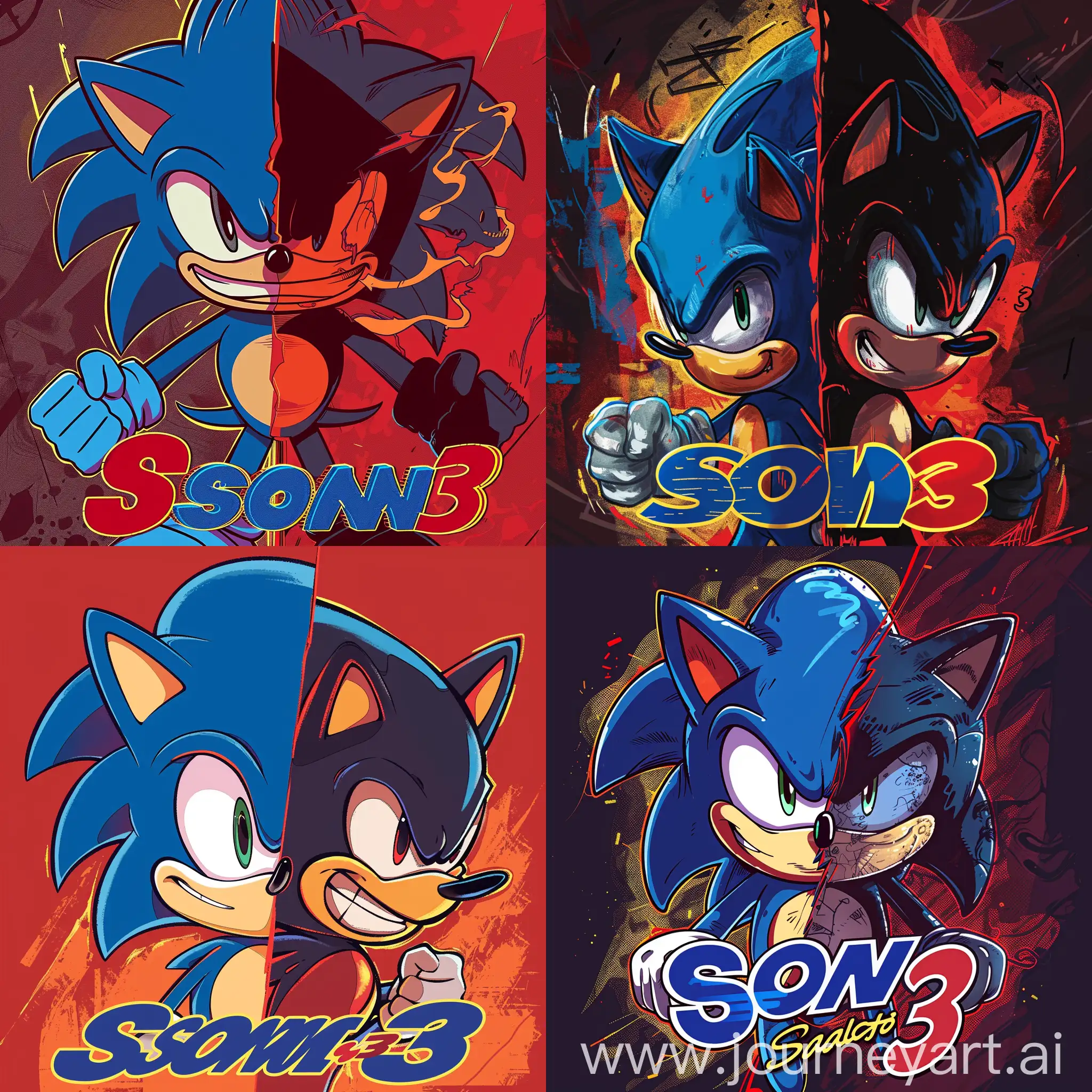 make me a half and half of sonic and shadow the hedgehog face sonic side all happy and blue and shadow dark and red  add text at the bottom saying sonic 3 with the word sonic in blue and a yellow outline and the number 3 in red with a black outline