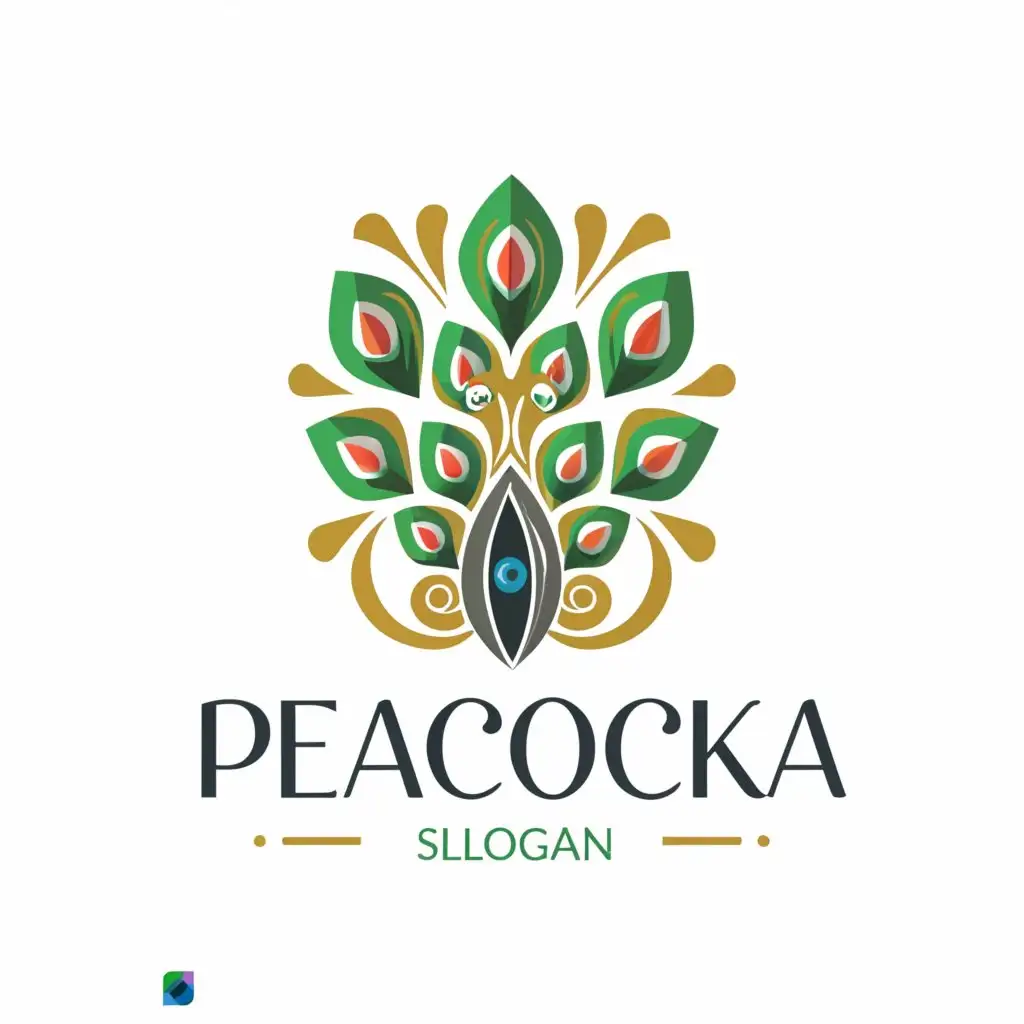 a logo design,with the text "Peacocka", main symbol:peacock feather, eye of feather,complex,clear background