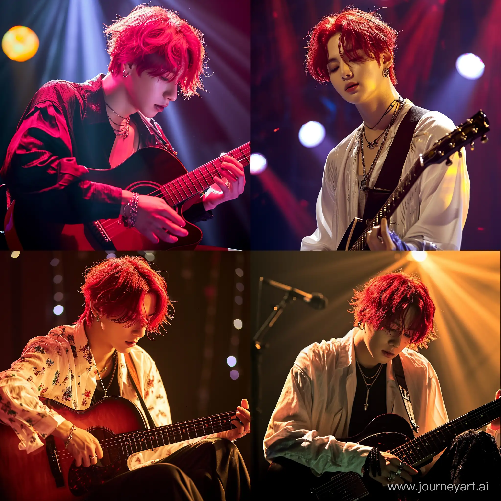 Чонгук с красными волосами играет на гитаре под красивым освещением