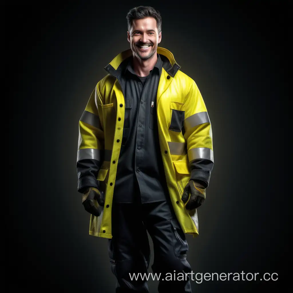 strong 30 years old man, full length, smile, half-profile view, wearing beautiful highly insulated workwear, black and luminescent yellow fabrics,
 cinematic, beautiful, elegant, atmospheric，RAW Photo, dynamic composition, G-Master Lens, Photorealistic, Hyperrealistic, Hyperdetailed, natural light, soft lighting, masterpiece, best quality, ultra realistic, 8k, Intricate, High Detail in julie bell style