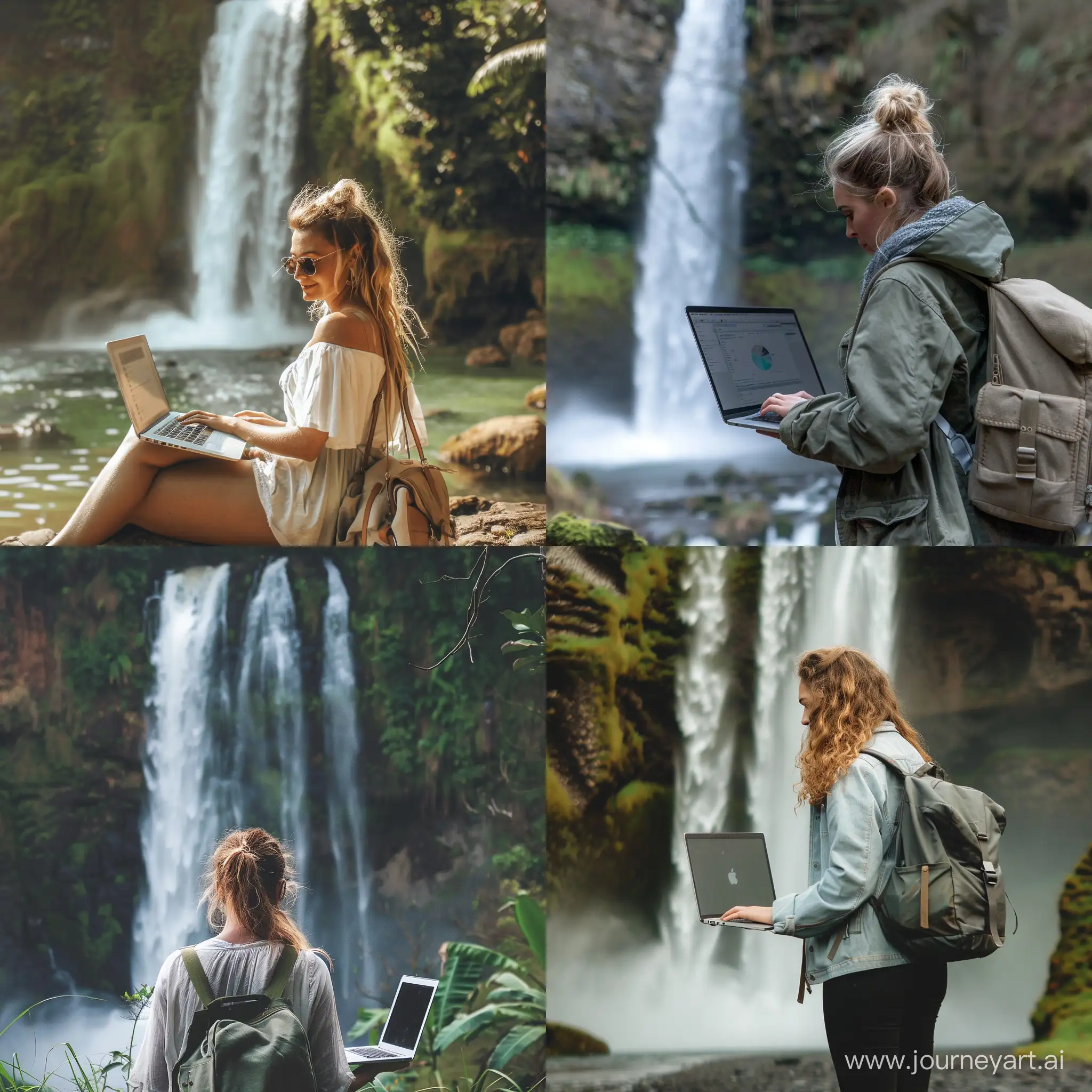  women with laptop nature waterfall 