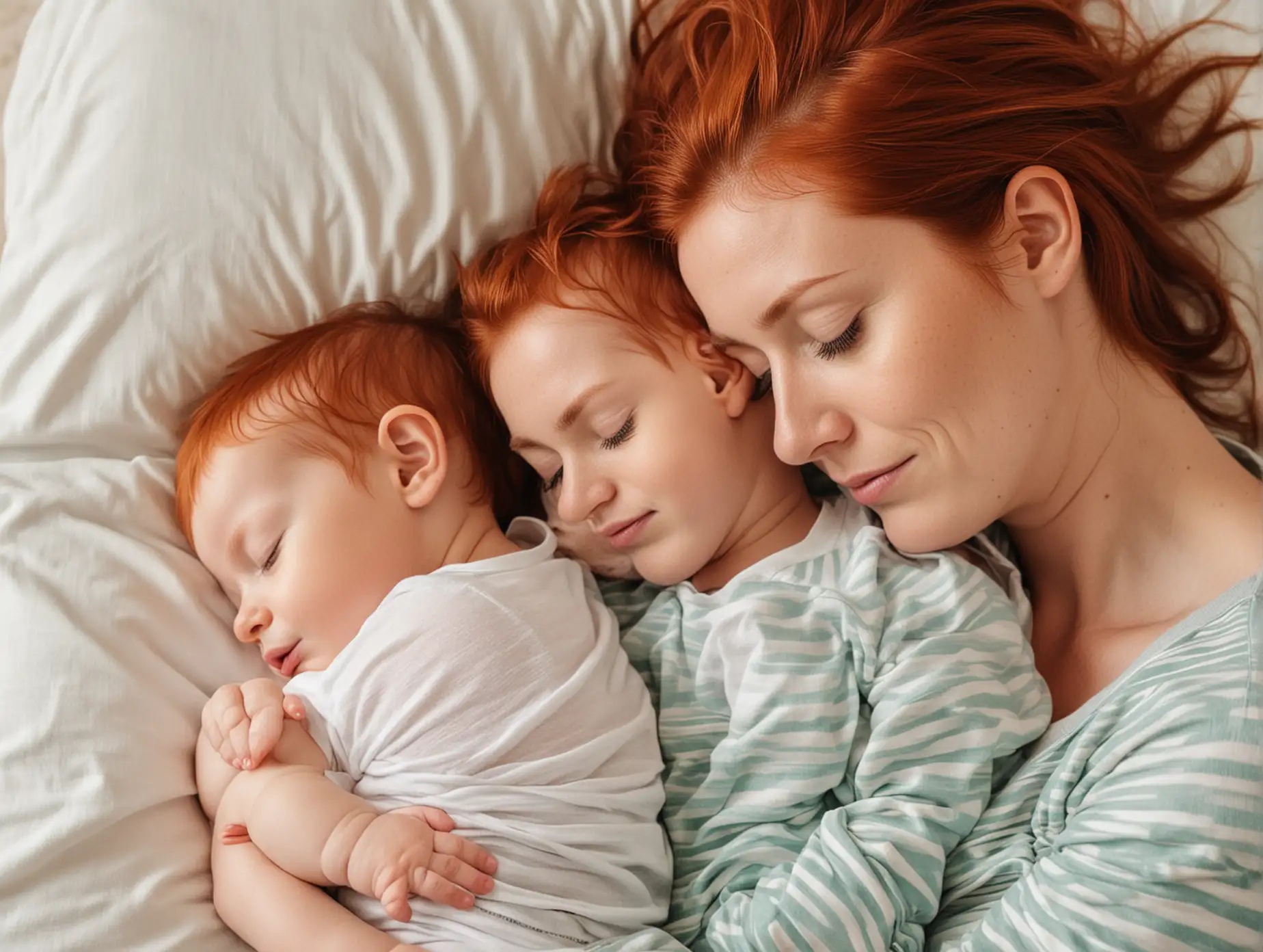 A mom with a baby with red hair and a toddler taking a nap 