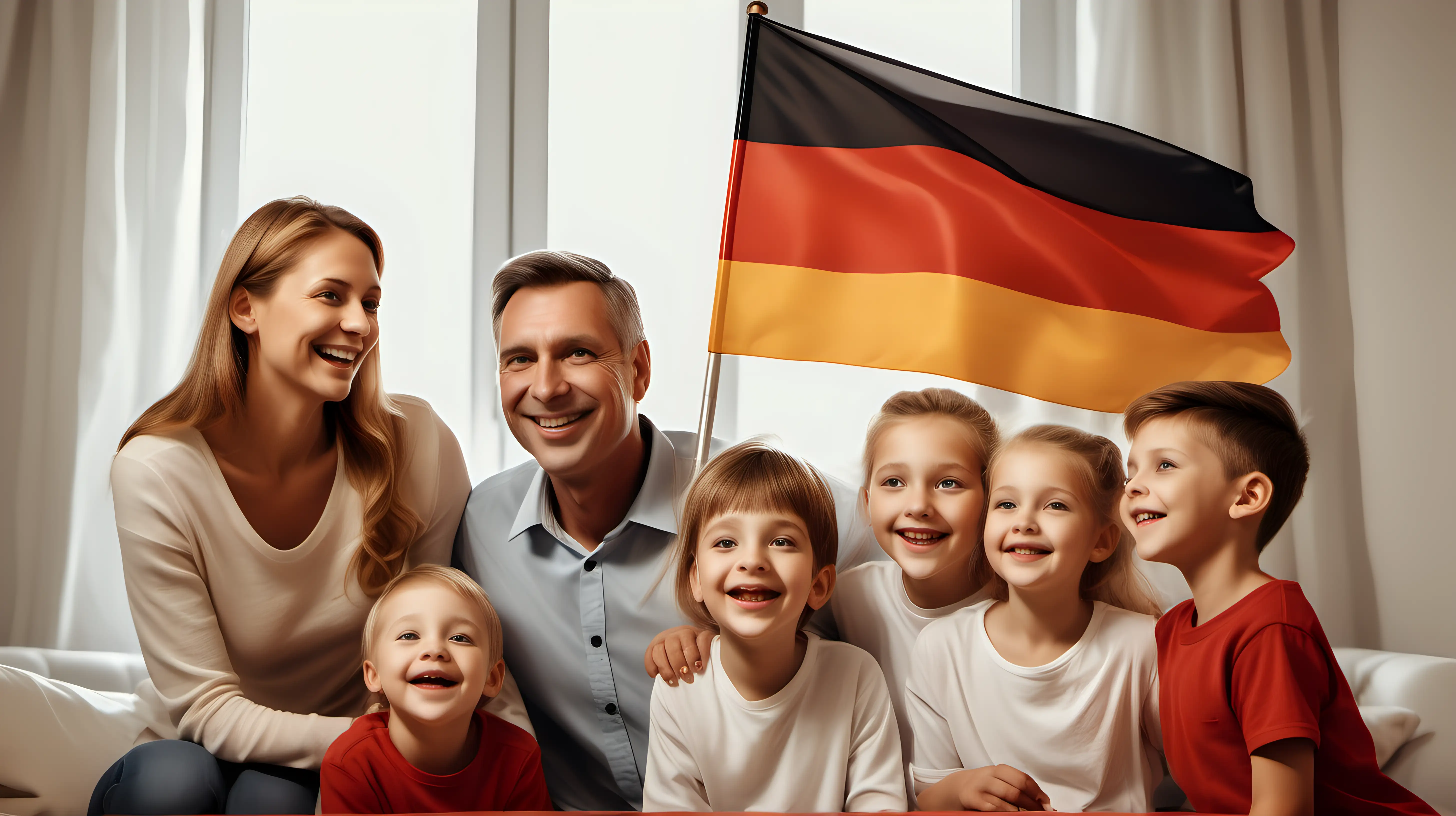 Illustrate a family gathered around a German flag during a national holiday, with smiles and expressions of unity, highlighting the importance of patriotism in the household.