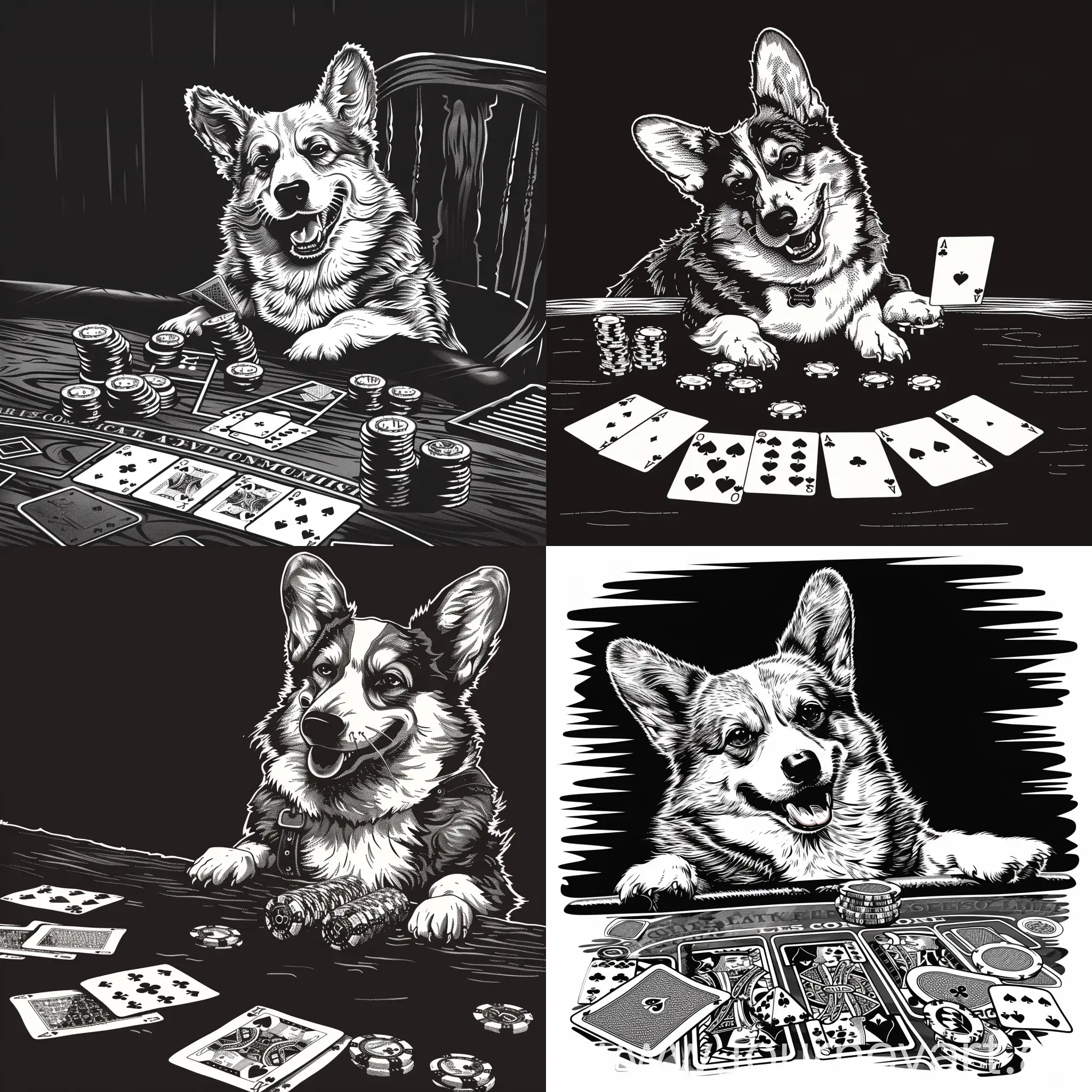 vector art in black and white of a corgi playing poker