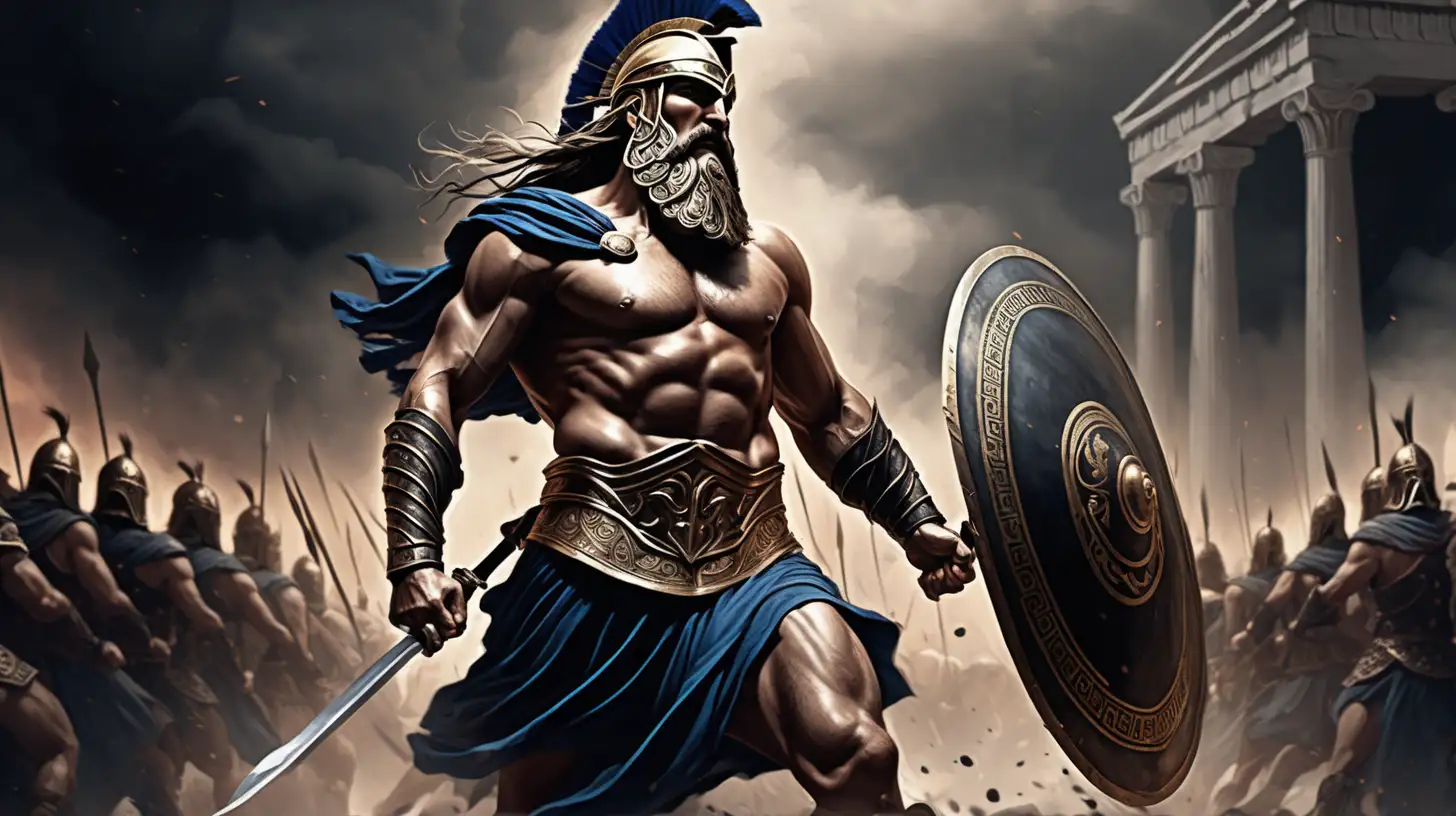 Illustrate the scene of a seasoned Greek warrior, adorned in battle attire, heading into the midst of a fierce battle. The warrior should have a long, flowing beard, and the background should feature a striking black palace, creating a dramatic and intense atmosphere.
