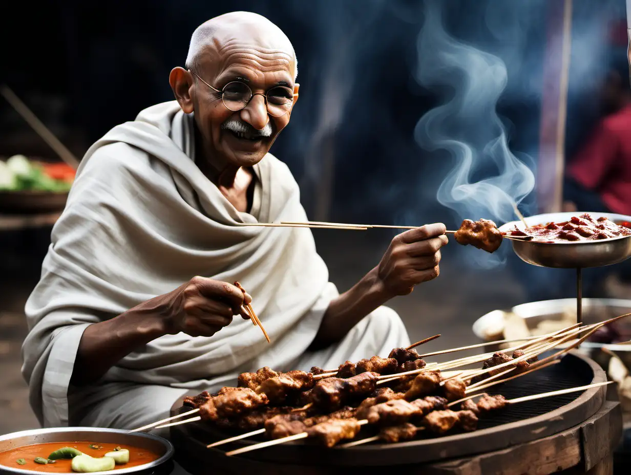 Gandhi Delighting in Satay at Warteg Vibrant Traditional Market Scene in Indonesia 10K HD Image