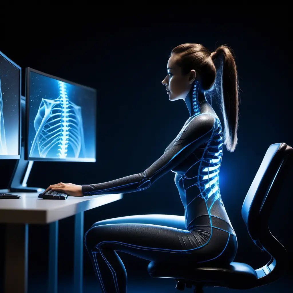 super realistic side view of woman figure in a correct sitting position with straight back, backbone highlighted, working on computer and looking at monitor, and blue rays and web and shine go from monitor toward it and dark space background, similar to https://s.mj.run/YlECdSkv4dA