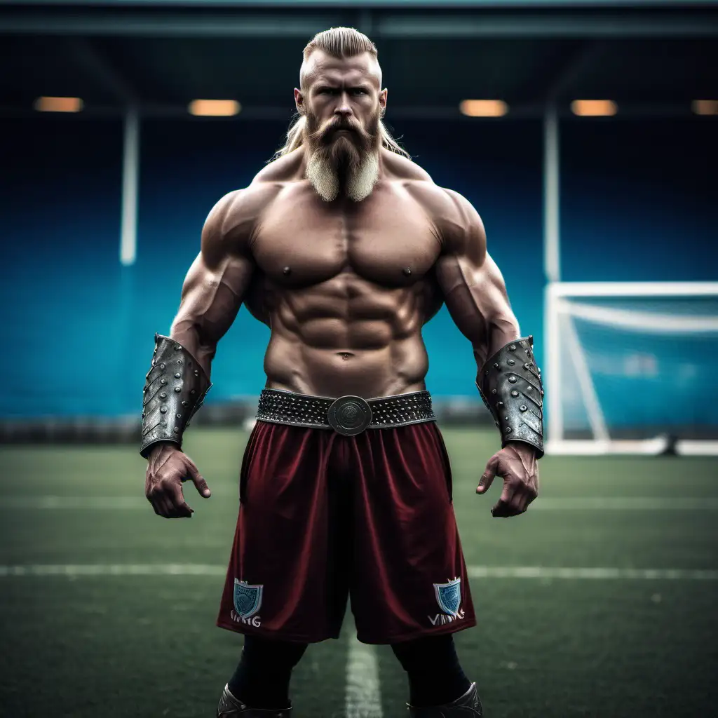 Muscular armed viking on a soccer field