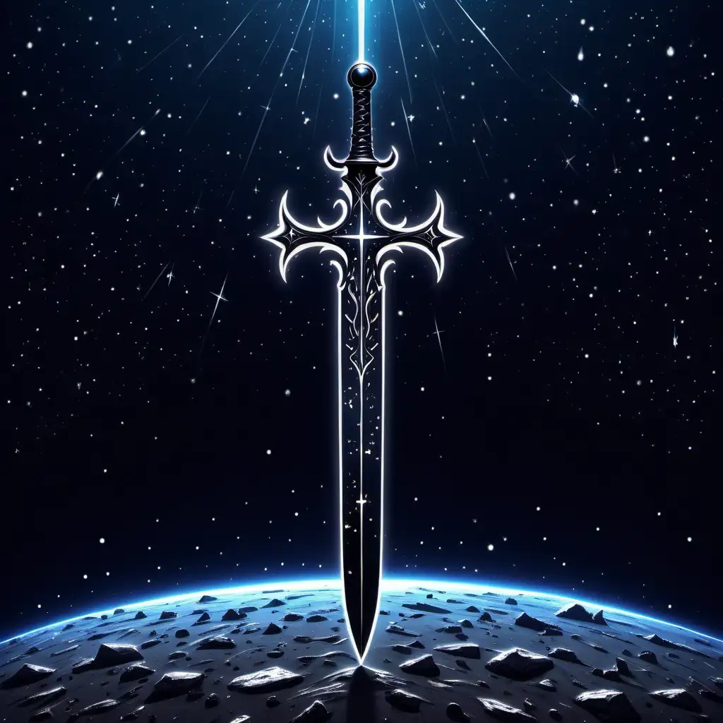 A smooth black sword that has the constellations of the night sky moving on its surface.  It has a cross-guard that resembles a horizon