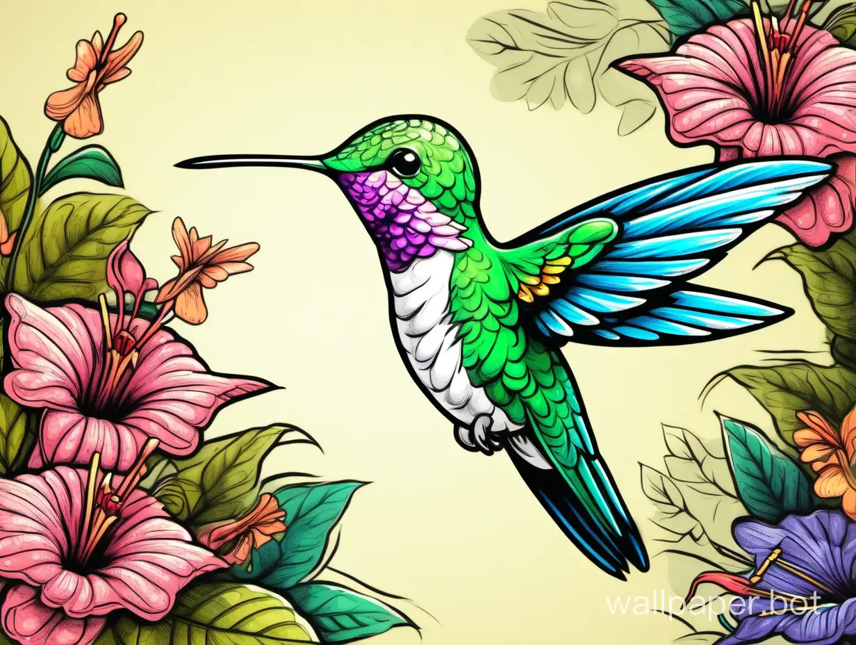 beautiful hummingbird cartoon drawin, masterpiece, hipercolored
