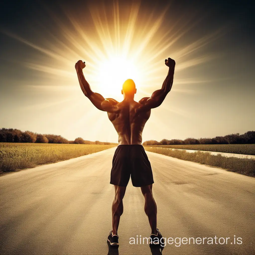motivation fitness picture A muscular man facing the east and the sun with his hands in the air
victory