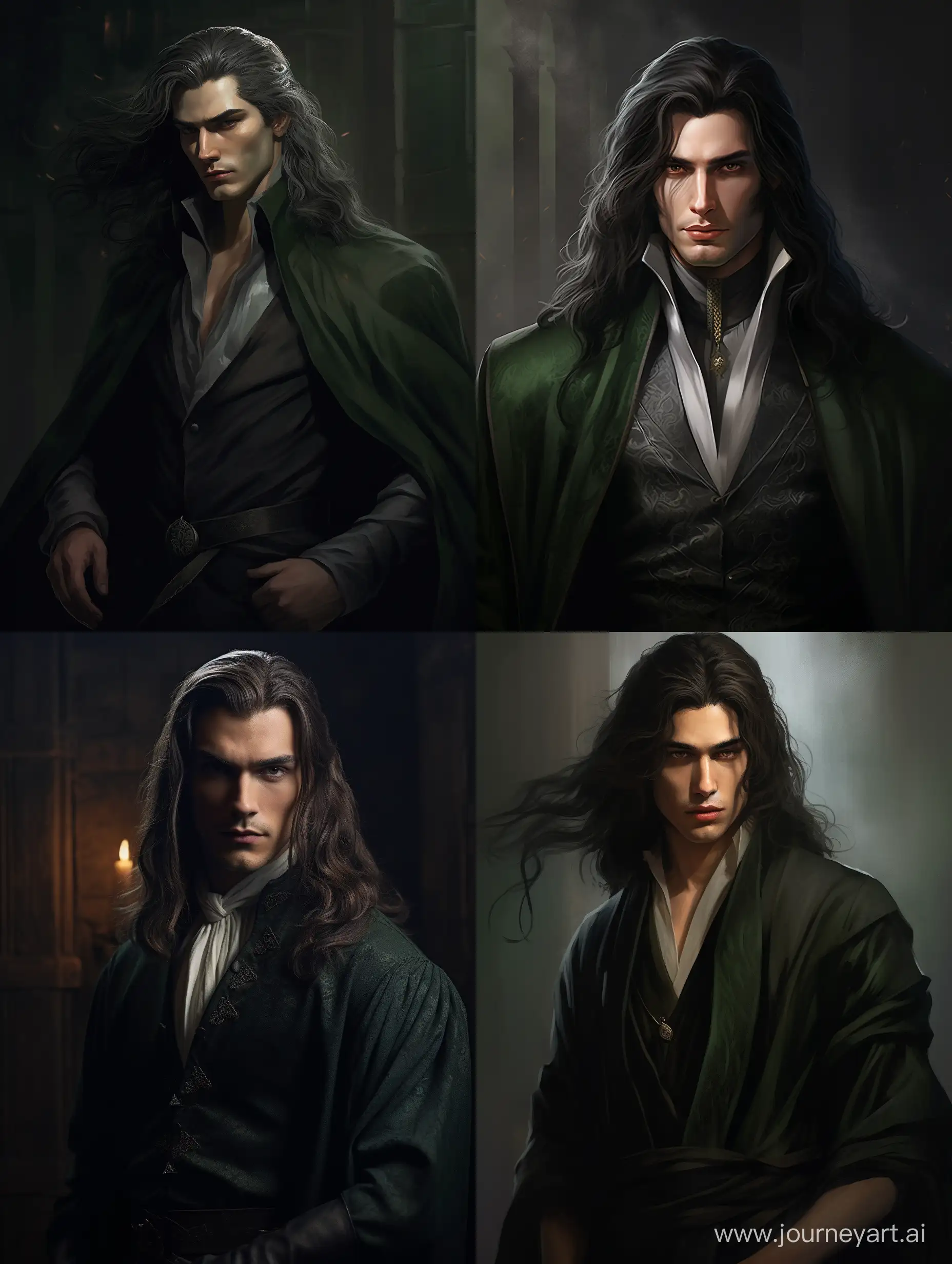 a tall attractive man sorceror with a minimal light renaissance dress, dark long hair and green and silver fox intimidating eyes,fully shaved face