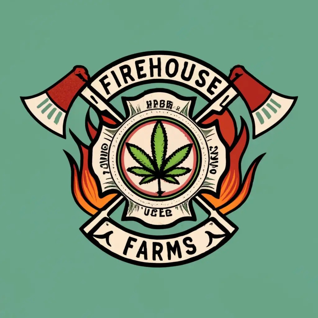 logo, plain Firehouse Patch Maltese Cross, cannabis leaf, flames and crossing axes in background with "FIREHOUSE FARMS" typography