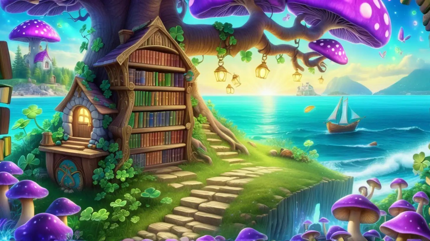 Fairytale Cottage with Magical Bookshelves and Shamrocks by the Ocean