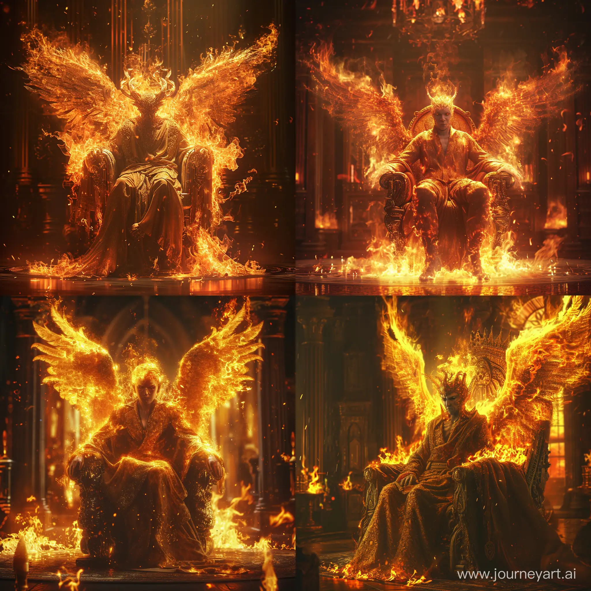 beautiful devil made of fire,winged,in dark luxurious palace on fire,sitting on a throne,wearing a robe,Detailed clothing.incredible detail,dark light,terrifying.