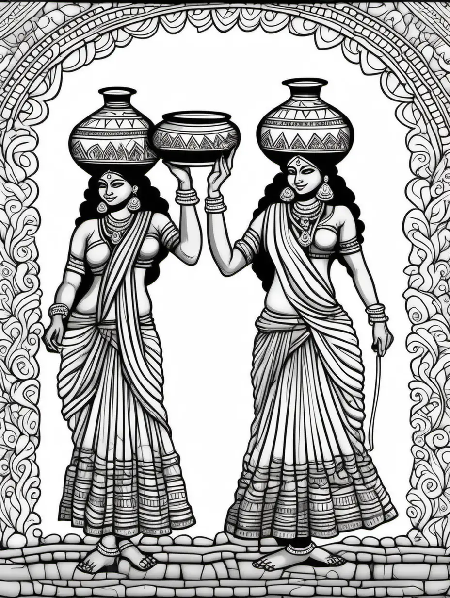 --v 5 --q 2 --ar 9:11 create a simple thin crisp line drawing Indian village women carrying pot of water on her head  in black and white, mural painting style, mandala,  white body, white background, only two hands, no dark or black shades, no black fill and easy for mural style coloring inside 