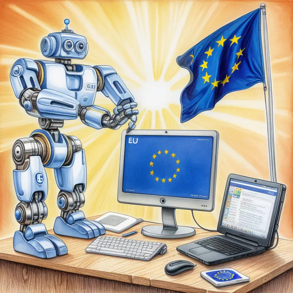 Create a vivid picture of the regulation of Big Tech and artificial intelligence. In the background, there must be the EU flag. The image must be in the style of Matt Wuerker.