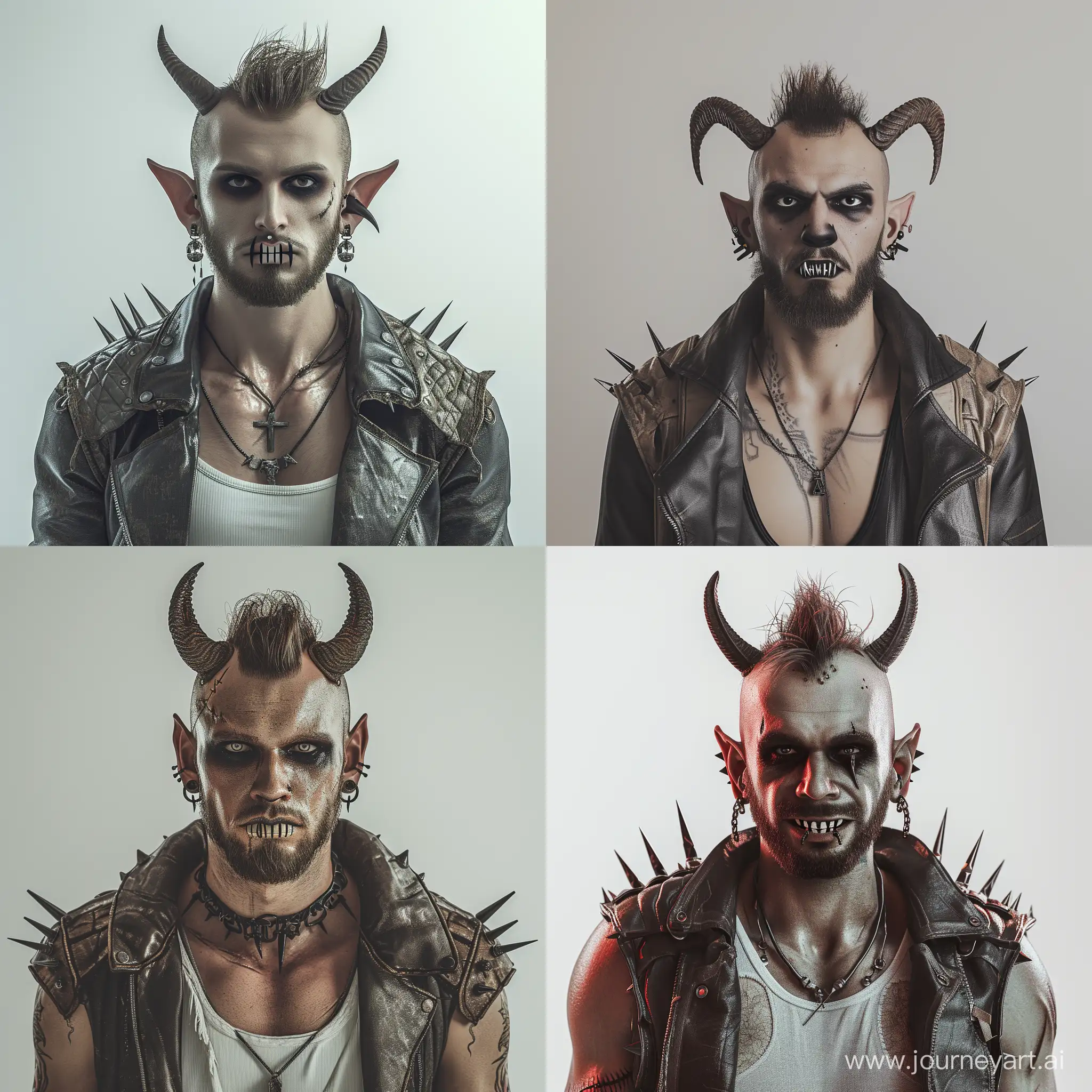 A photomodel posing in front of white background. He has plain black eyes, vampire teeth and curved goat horns. Weird earrings. Goatee beard and mohawk hair. Wearing luxury leather jacket with spiked shoulders and tank top. cinematic shots, realistic, 4k, photo realistic, cinematic lighting,