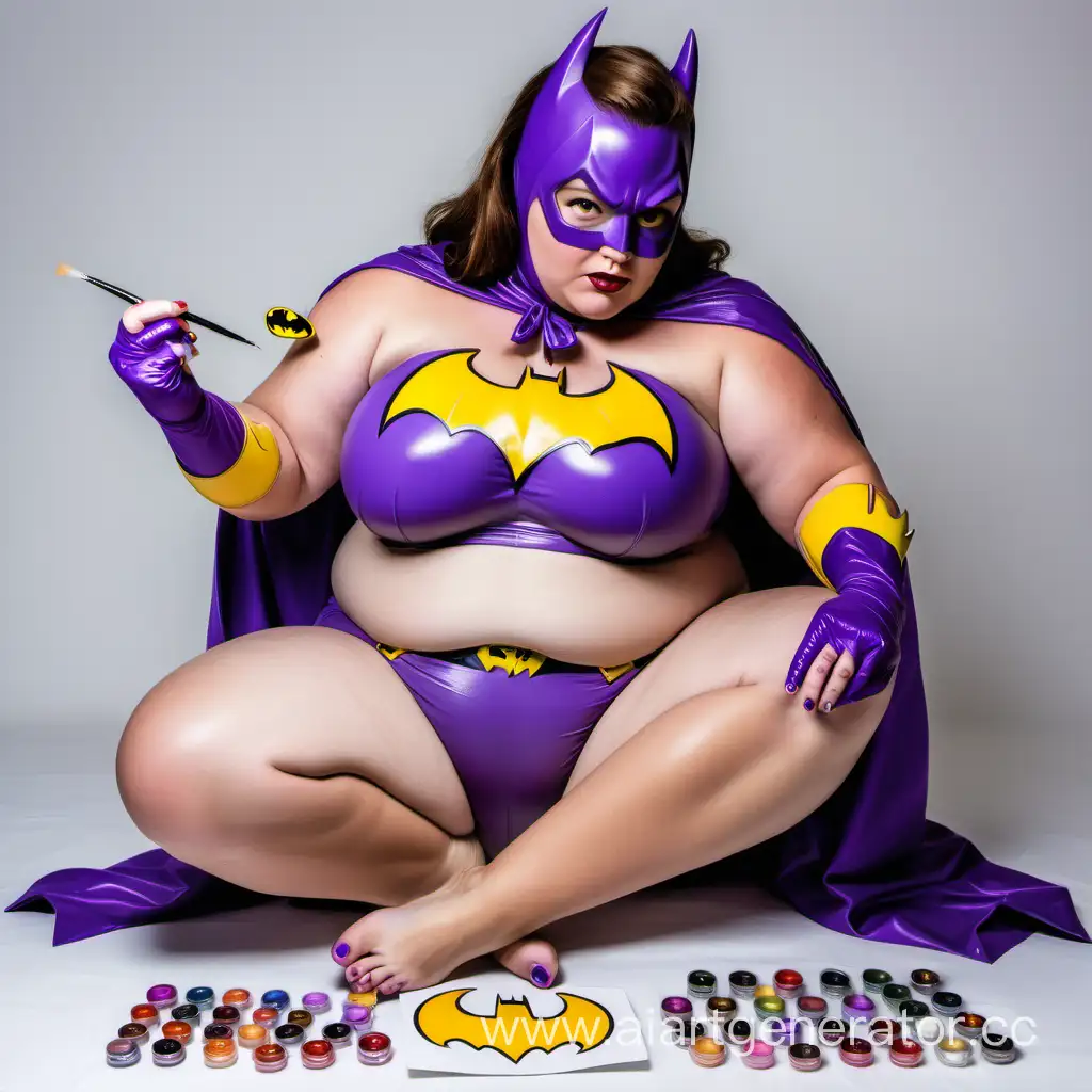 A pudgy woman with brunette hair in a purple bikini and Batgirl cowl painting her toenails.