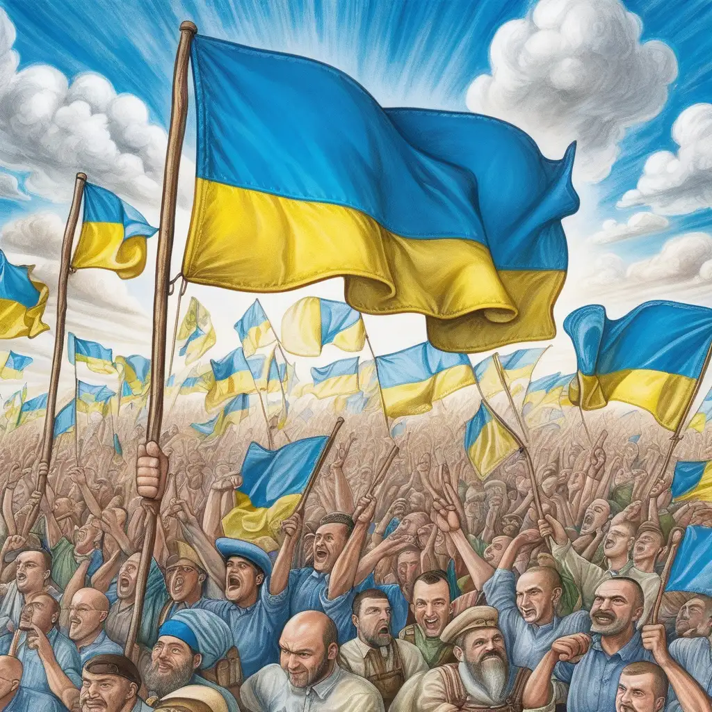 Create a vivid image of the Ukranian flag waving. The image must be in the style of Matt Wuerker.